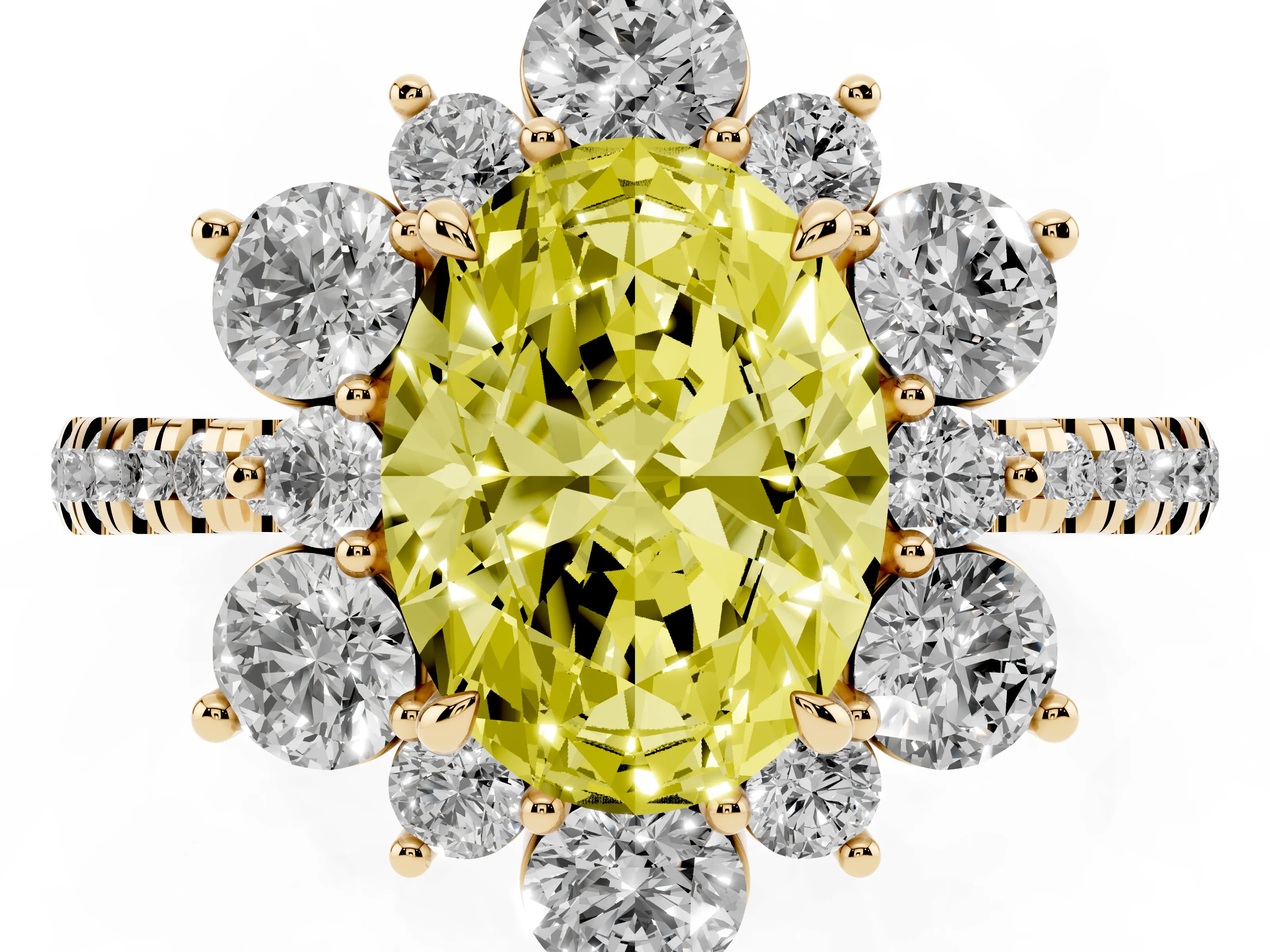 Fancy Yellow Oval Cut Diamond Floral Halo Ring Set in Yellow gold with Round Pavé Band and Prong Setting