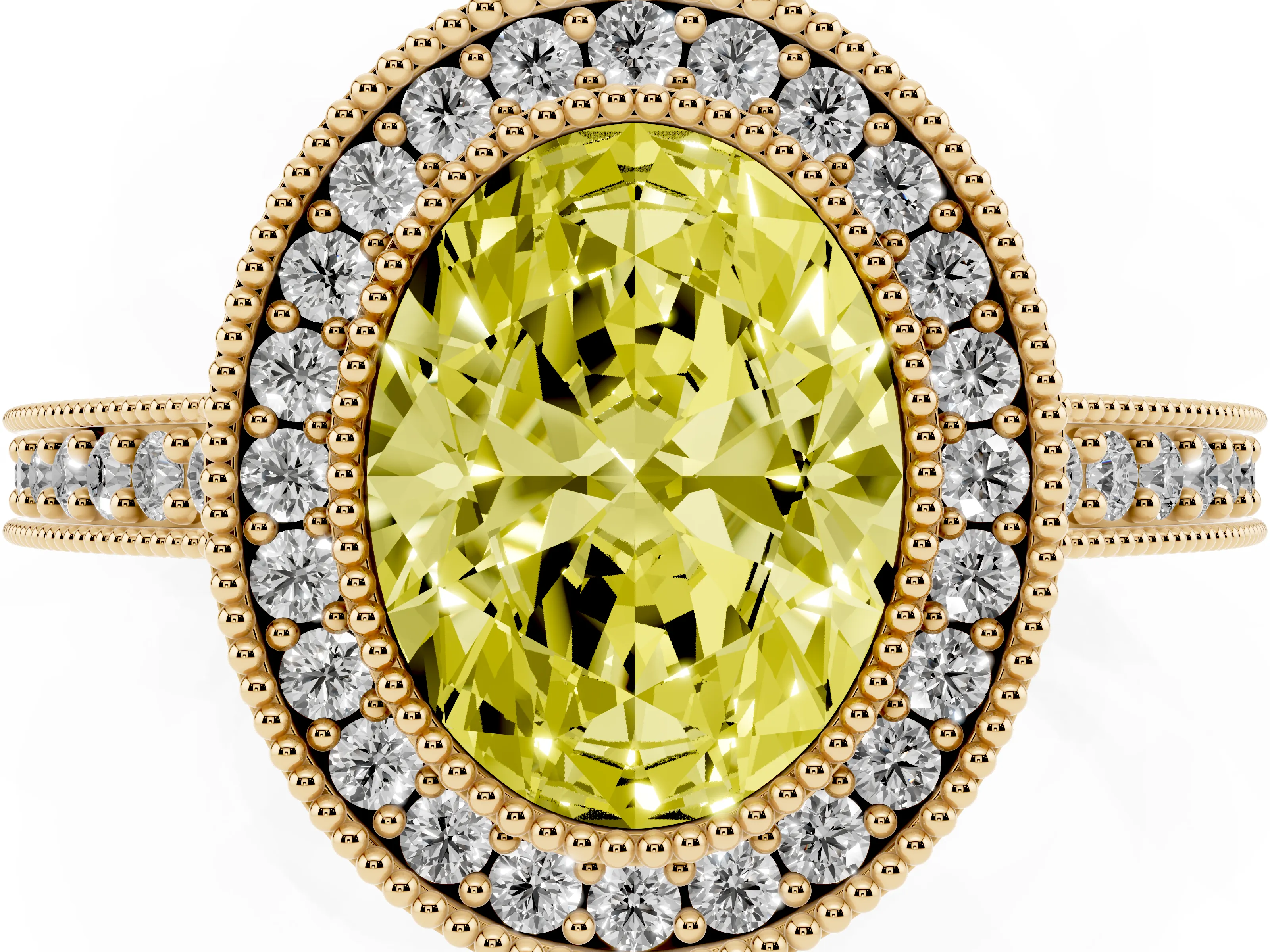 Fancy Yellow Oval Cut Diamond Halo Engagement Ring Set in Yellow gold with Pavé Band and Round Halo Stones