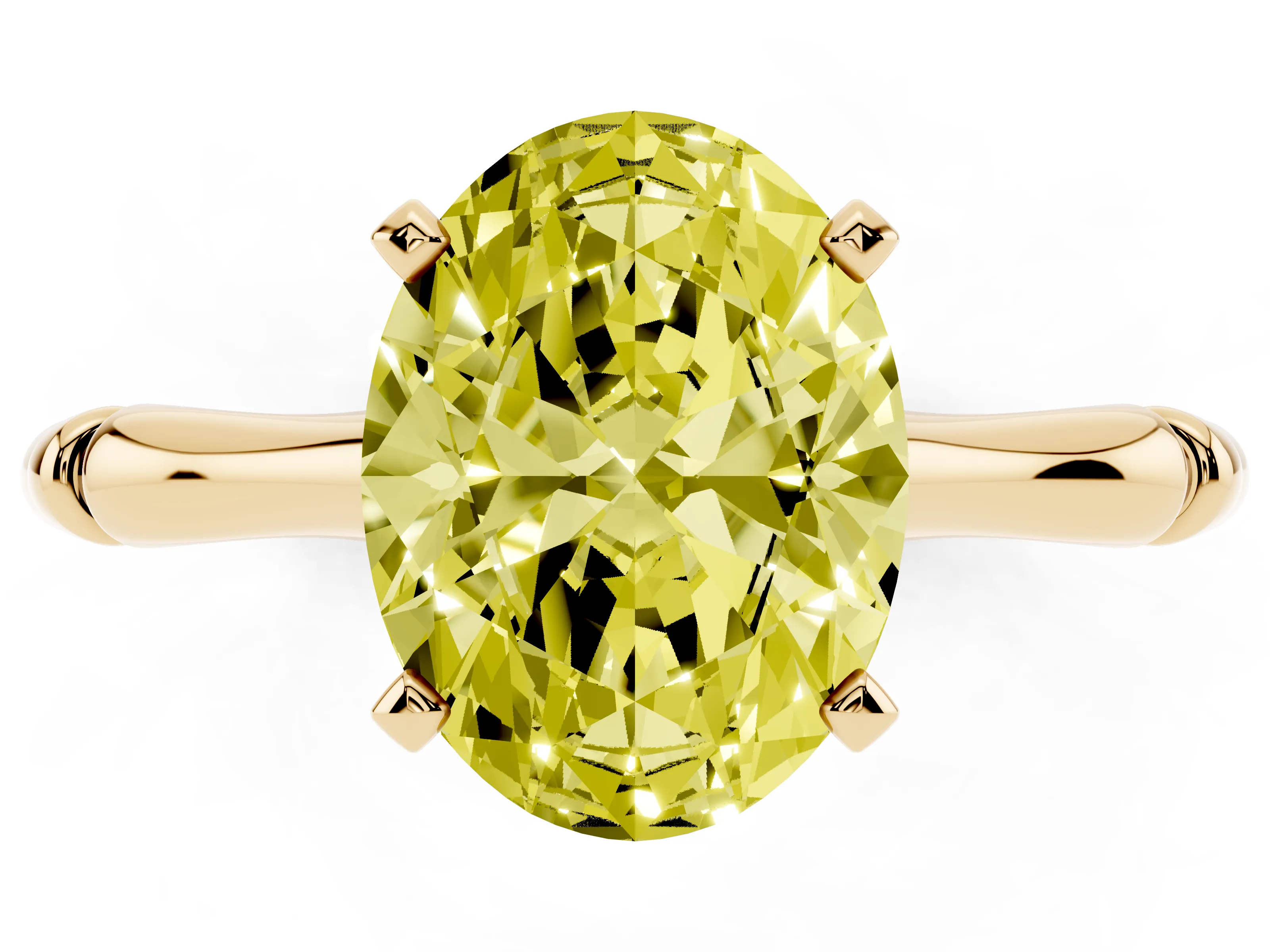 Fancy Yellow Oval Cut Diamond Solitaire Ring Set in Yellow gold with Bamboo Band and Prong Setting