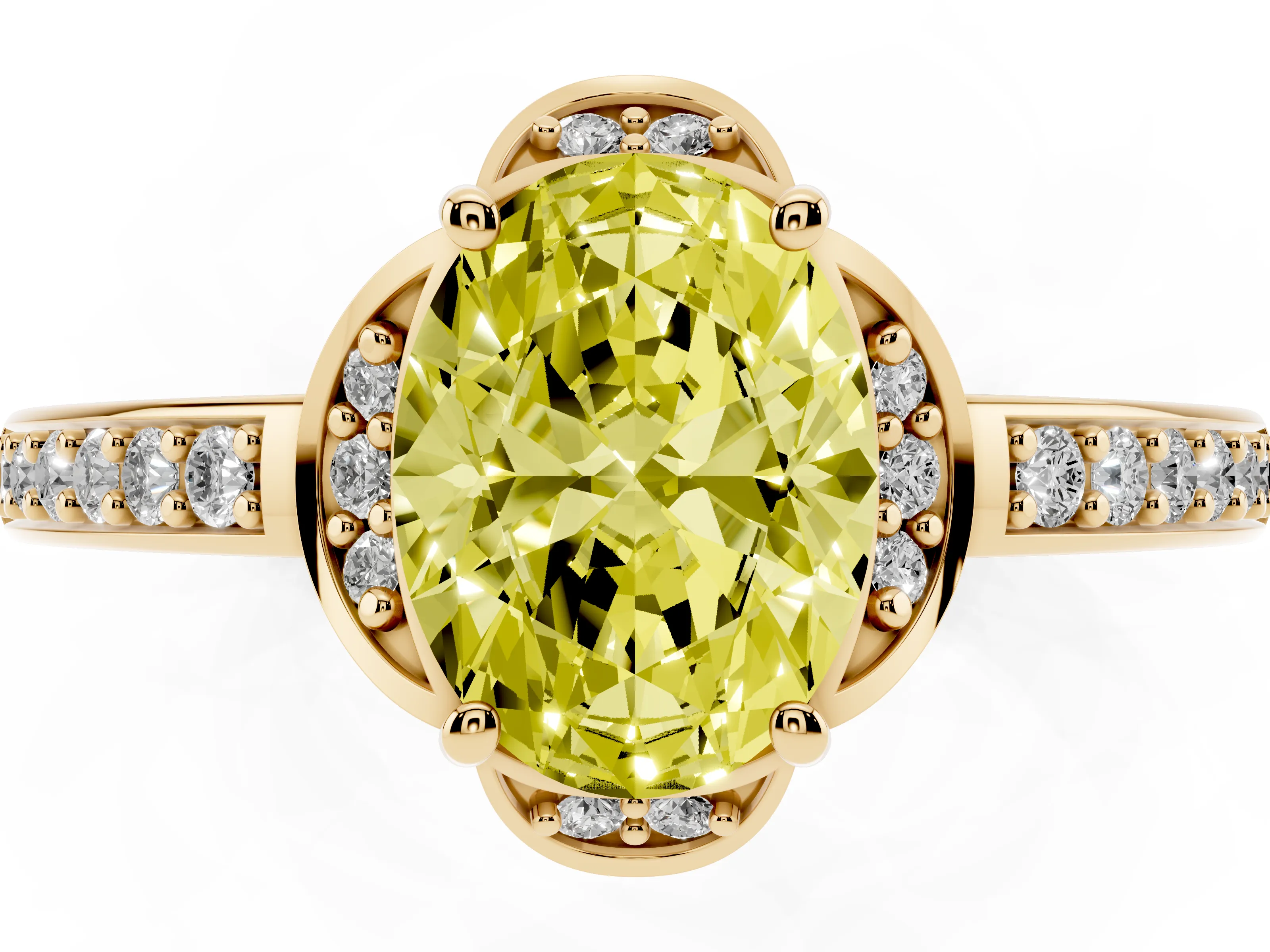 Fancy Yellow Oval Cut Diamond Halo Ring Set in Yellow gold with Channel Set Band and Prong Setting