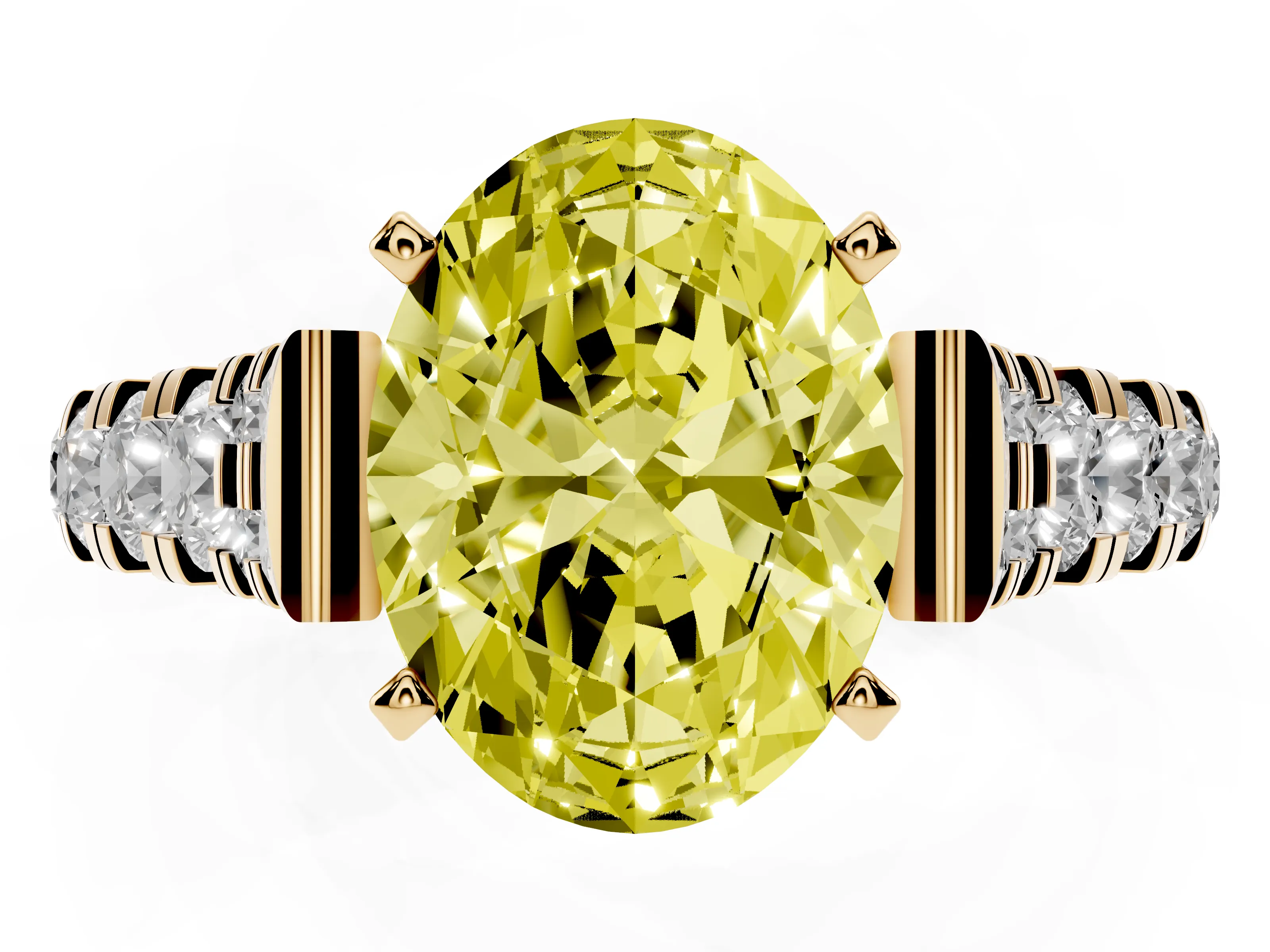 Fancy Yellow Oval Cut Diamond Classic Solitaire Ring Set in Yellow gold with Pavé Band and Prong Setting