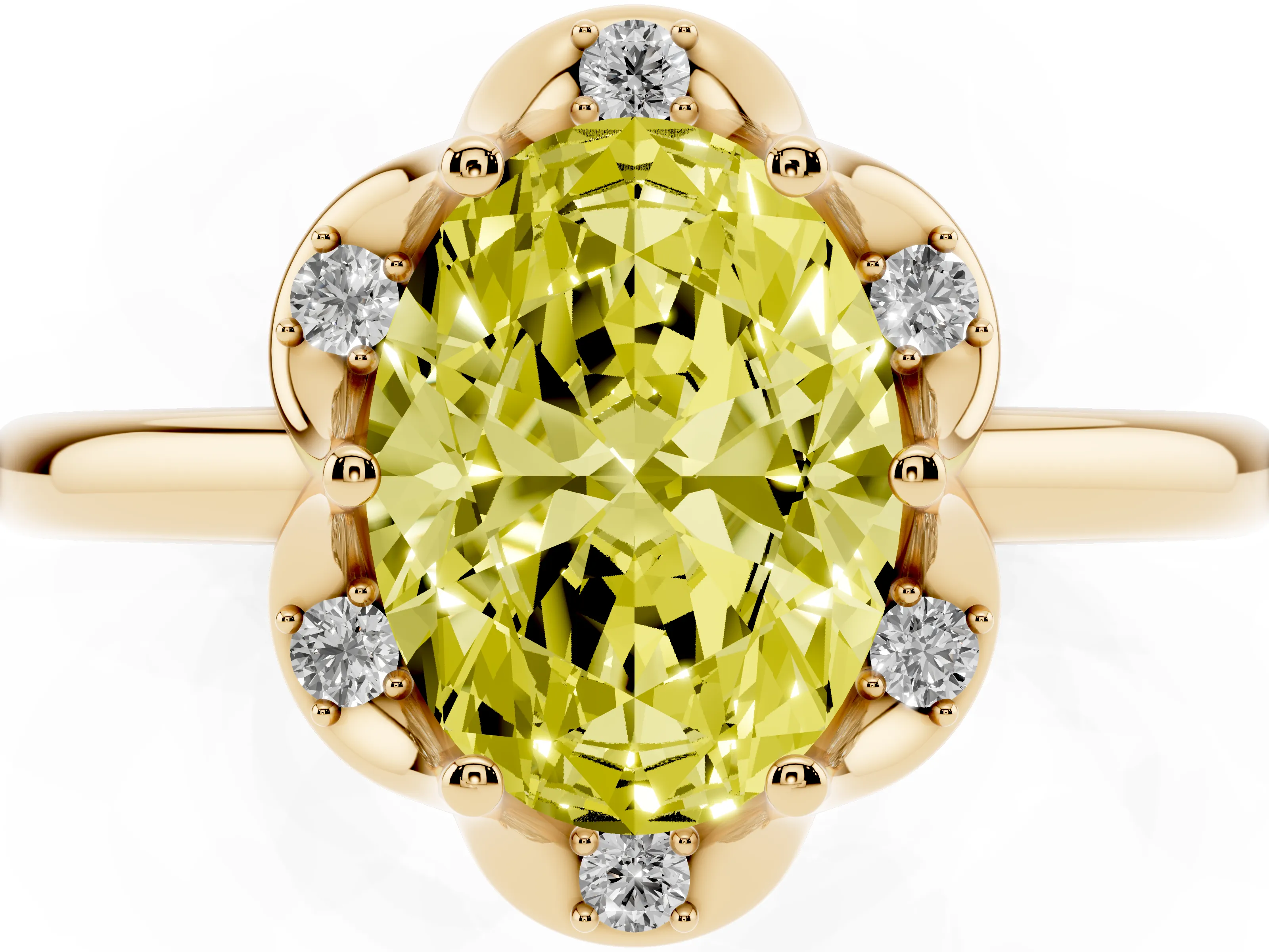 Fancy Yellow Oval Cut Diamond Round Cluster Halo Ring Set in Yellow gold with Solitaire Band and Prong Setting