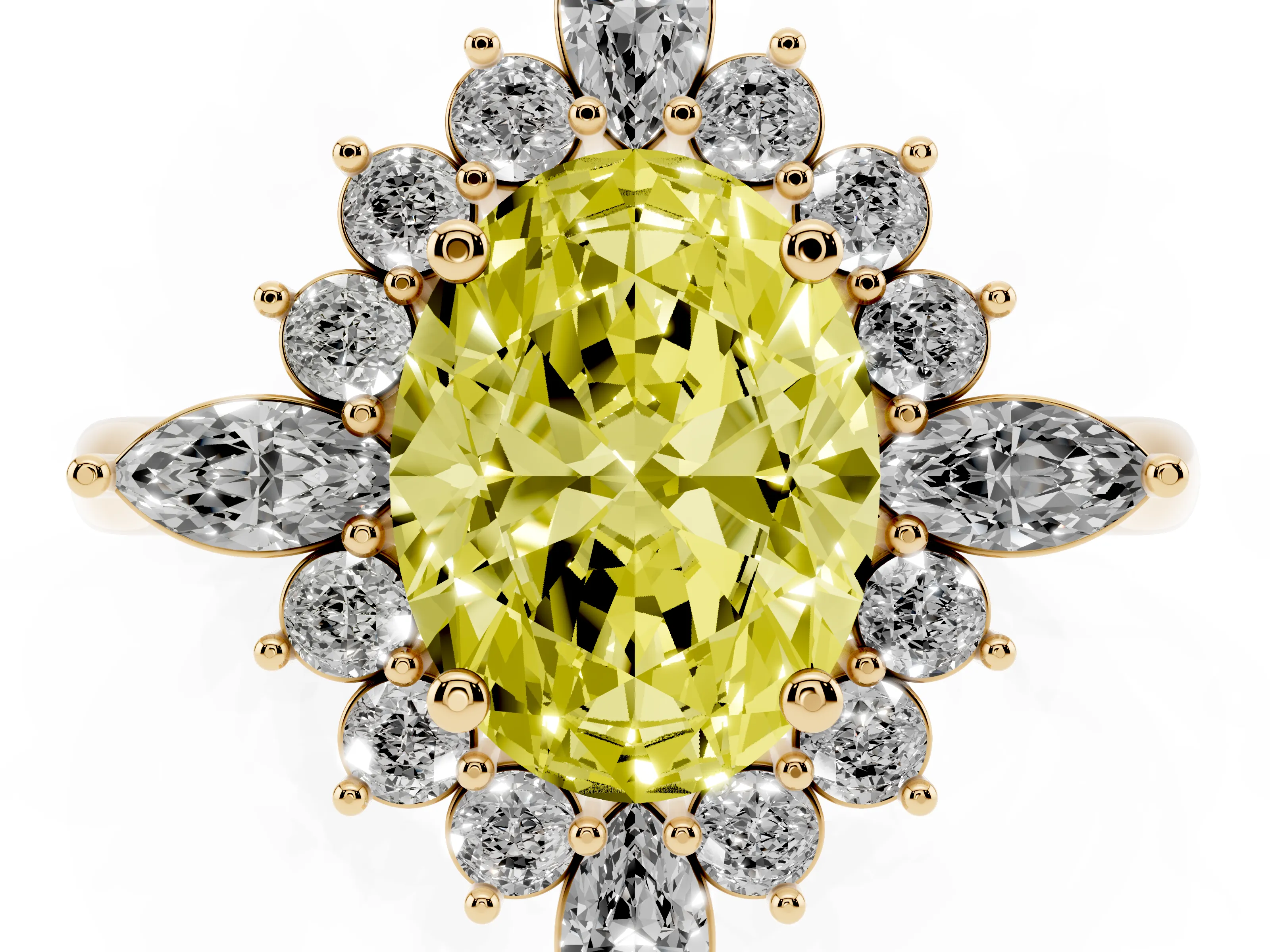 Fancy Yellow Oval Cut Diamond Cluster Halo Ring Set in Yellow gold with Marquise and Round Accents