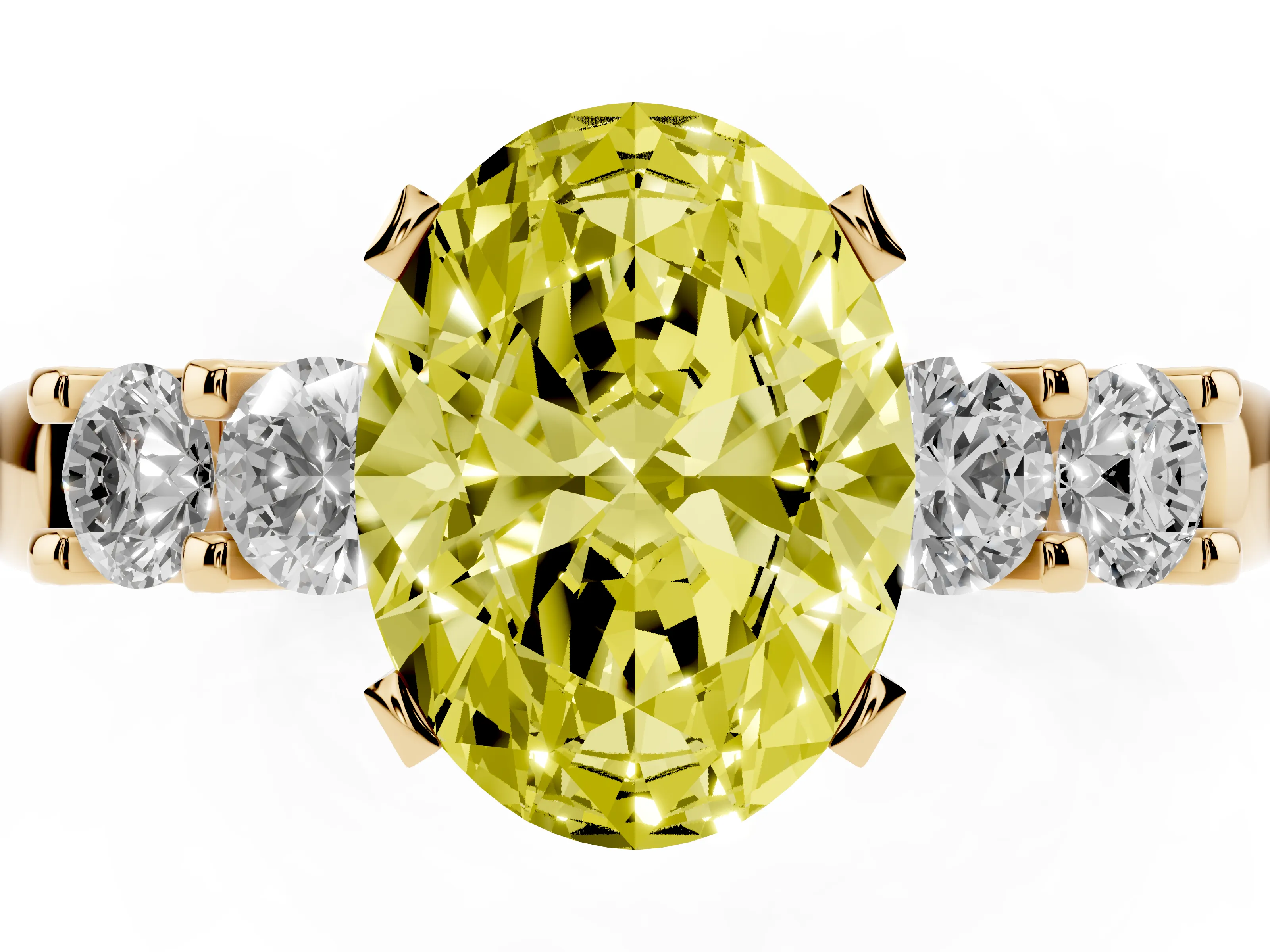 Fancy Yellow Oval Cut Diamond Five-Stone Prong Set Engagement Ring Set in Yellow gold with Channel Band