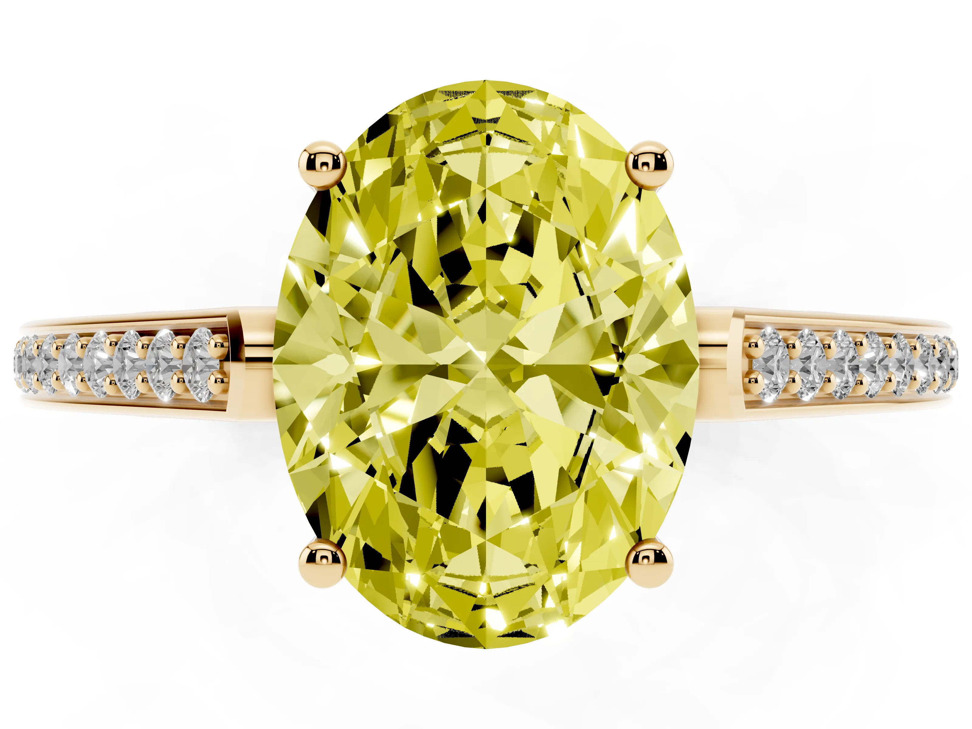 Fancy Yellow Oval Cut Diamond Cathedral Pavé Engagement Ring Set in Yellow gold with Prong Setting