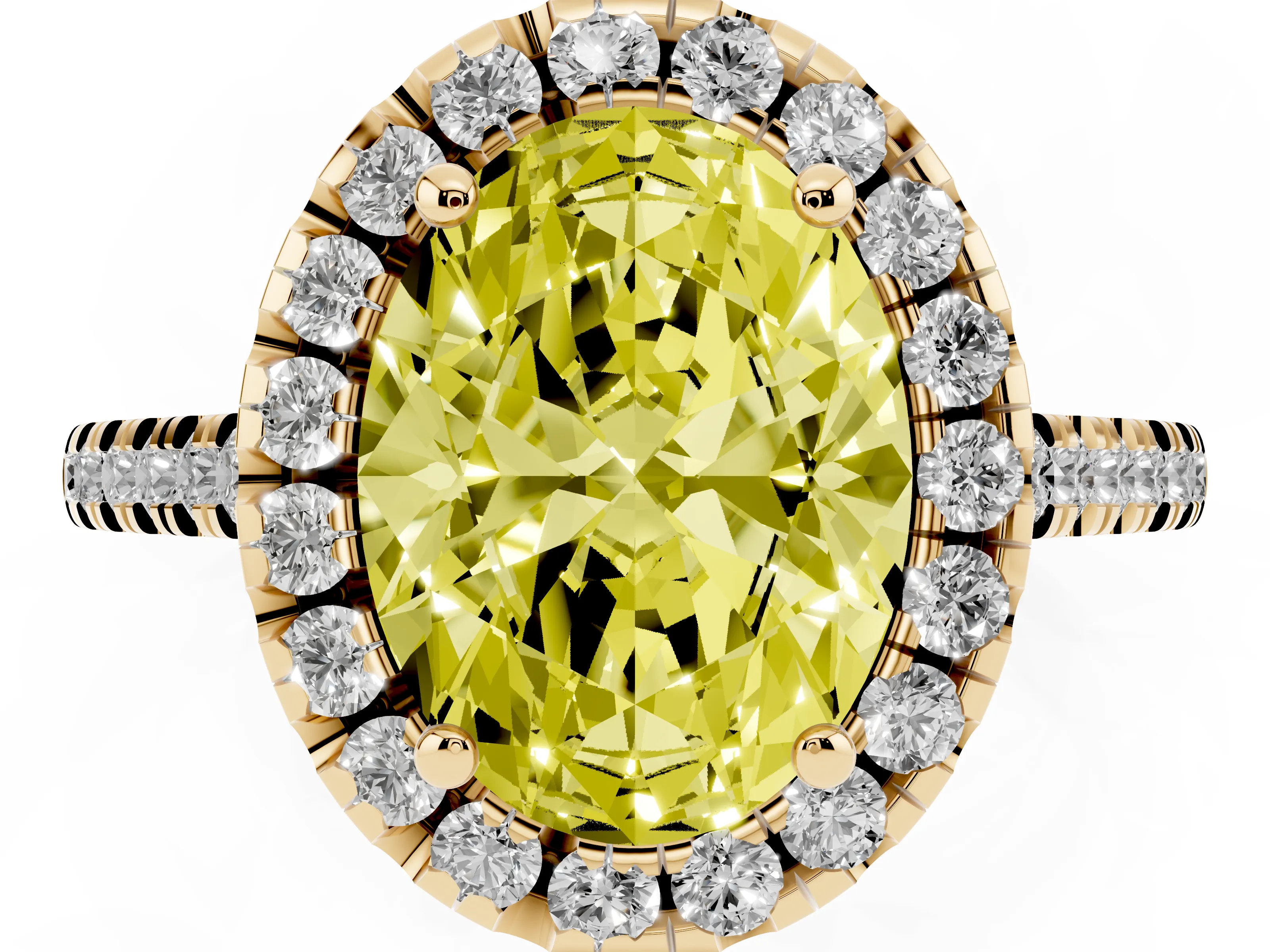 Fancy Yellow Oval Cut Diamond Cushion Halo Ring Set in Yellow gold with Pavé Band