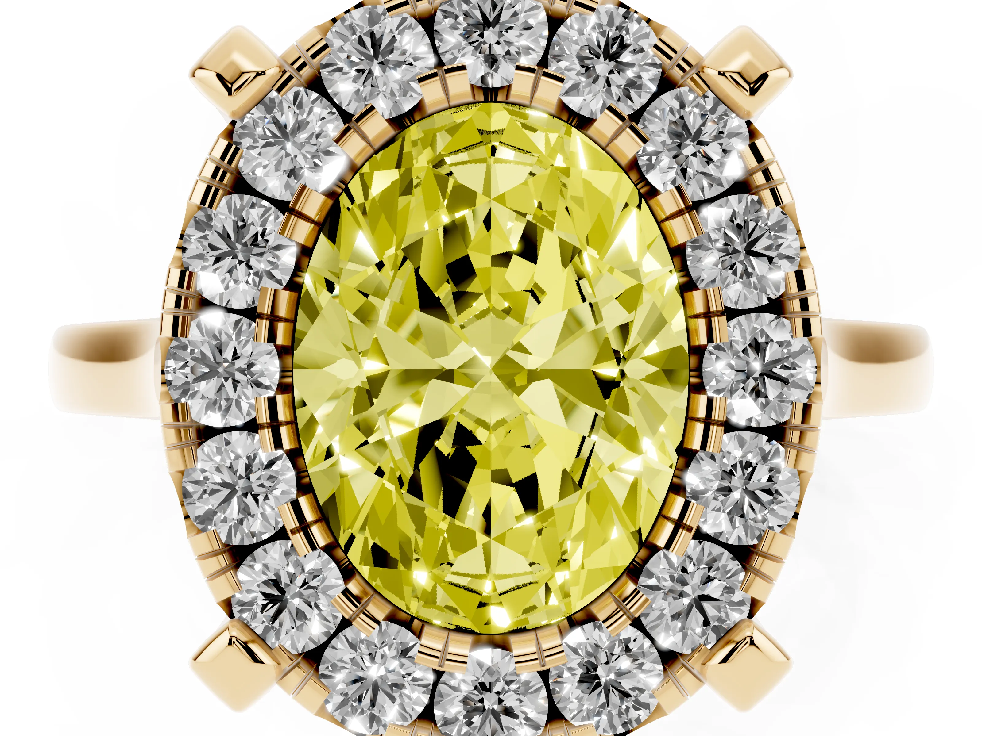 Fancy Yellow Oval Cut Diamond Cluster Halo Solitaire Ring Set in Yellow gold with Prong Setting