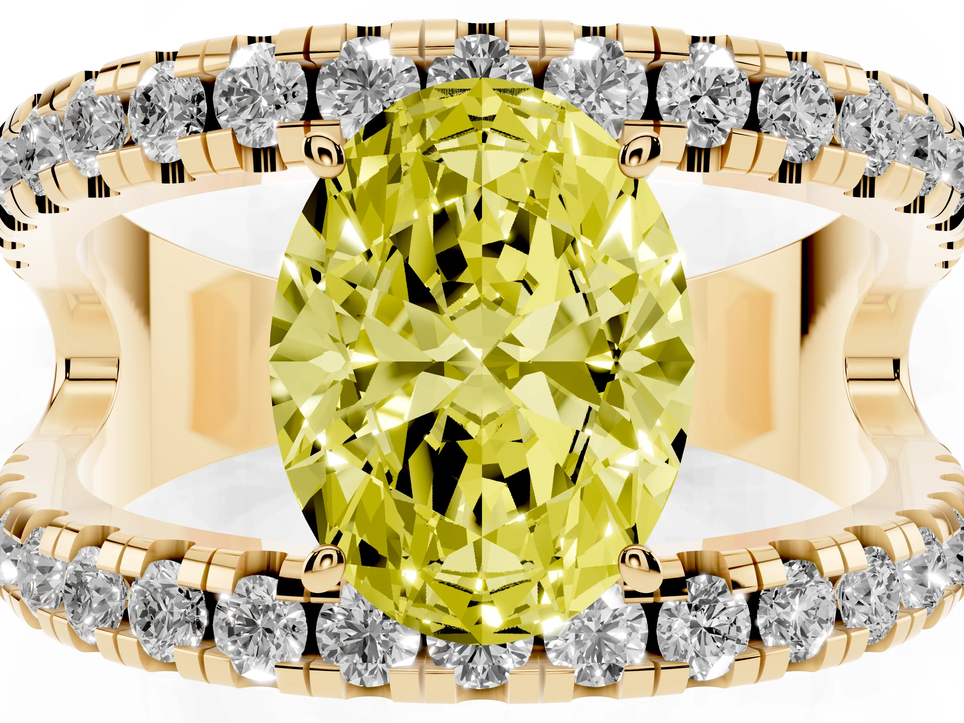 Fancy Yellow Oval Cut Diamond Split Shank Pavé Solitaire Ring Set in Yellow gold with Open Shank Design