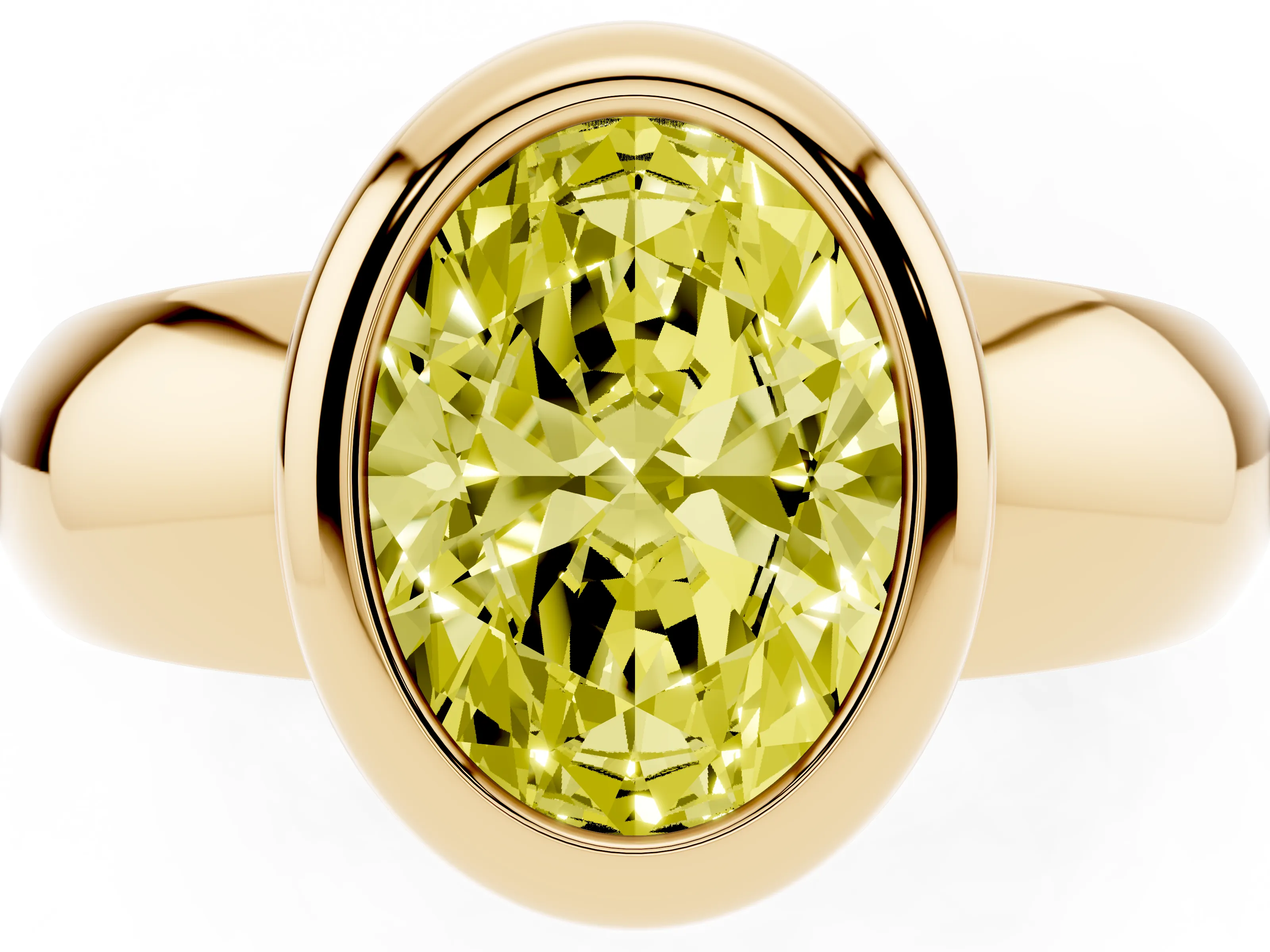 Fancy Yellow Bezel Set Oval Cut Diamond Solitaire Ring Set in Yellow gold with Wide Band