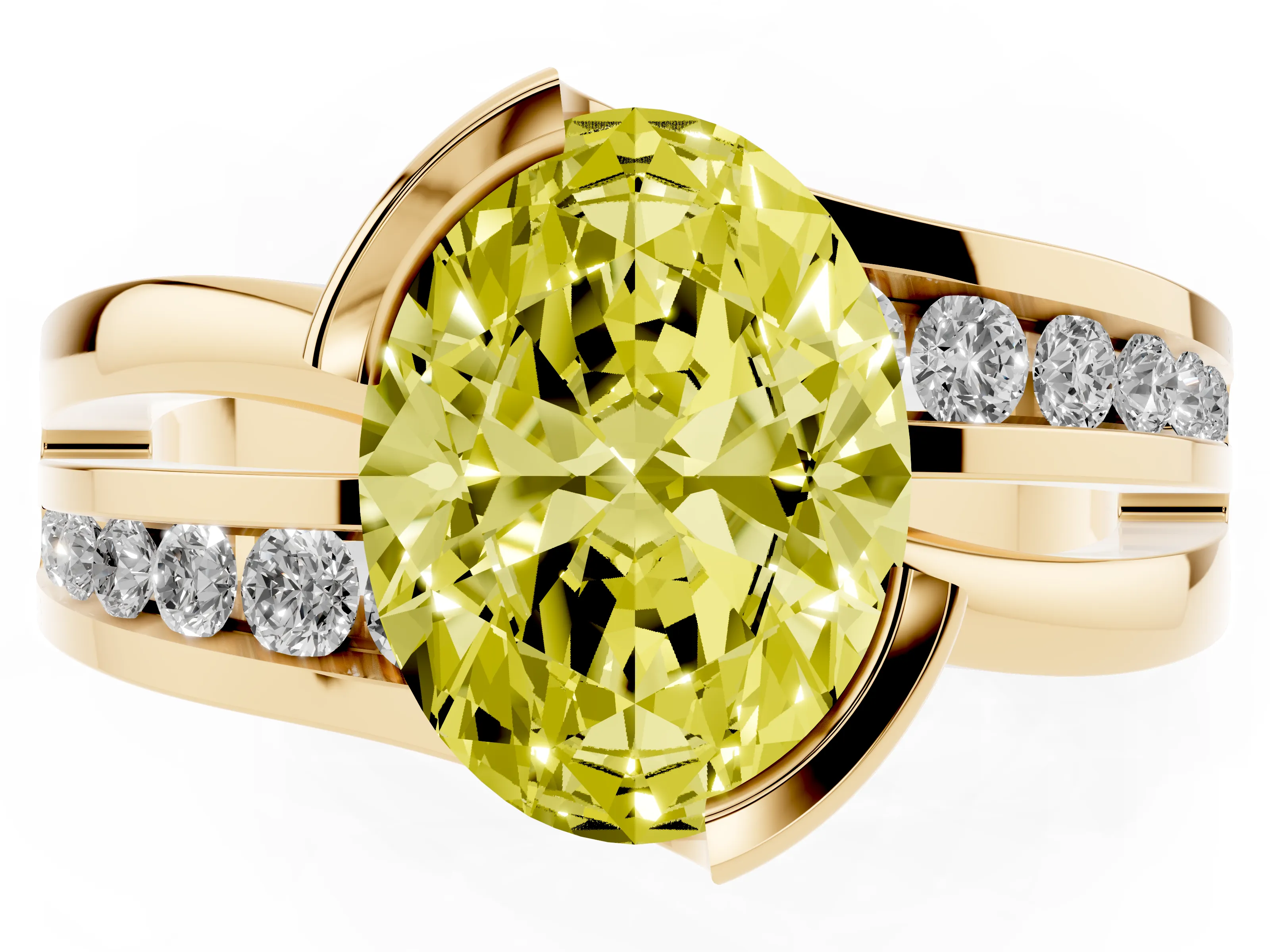 Fancy Yellow Oval Cut Diamond Solitaire Ring Set in Yellow gold with Channel Set Split Shank and Tension Prongs