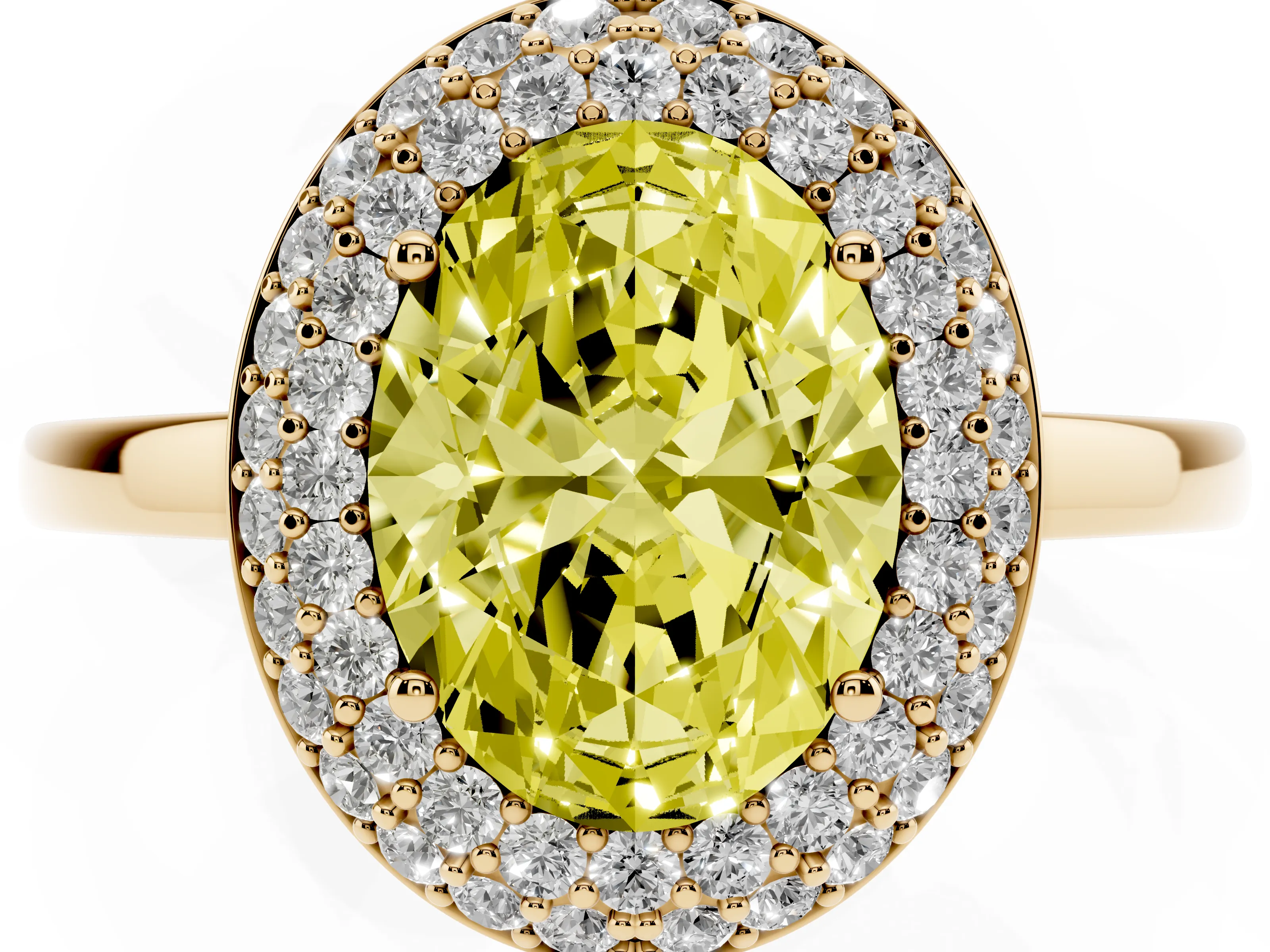 Fancy Yellow Oval Cut Diamond Halo Engagement Ring Set in Yellow gold with Solitaire Band and Prong Setting