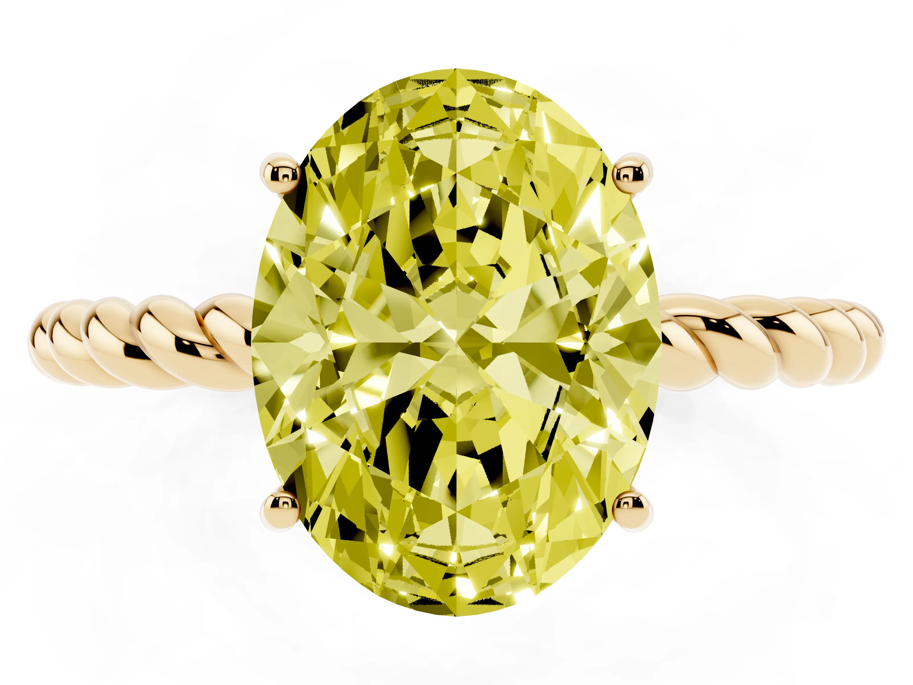 Fancy Yellow Oval Cut Diamond Solitaire Ring Set in Yellow gold with Twist Band and Prong Setting