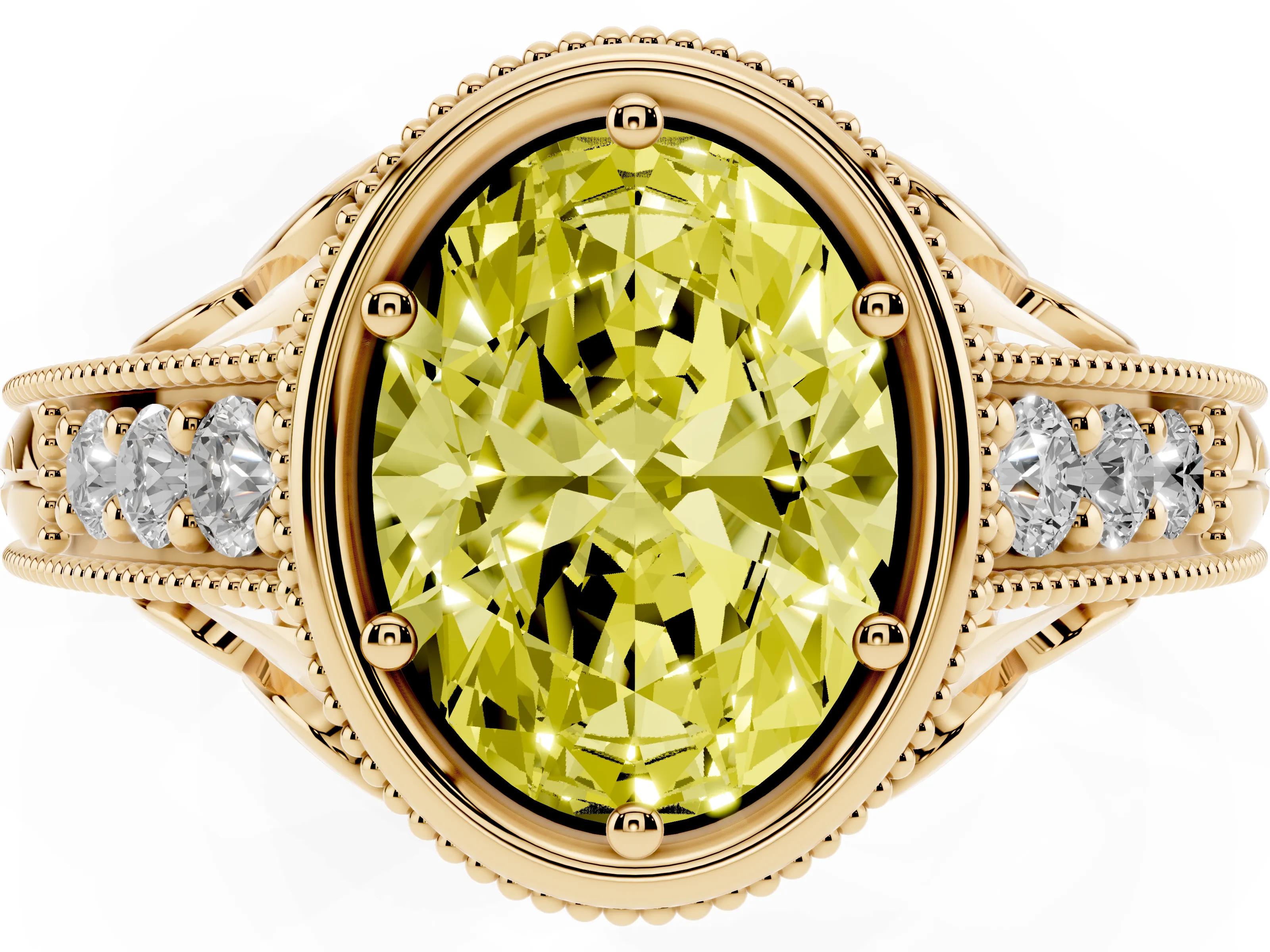 Fancy Yellow Bezel Set Oval Cut Diamond Milgrain Pavé Engagement Ring Set in Yellow gold