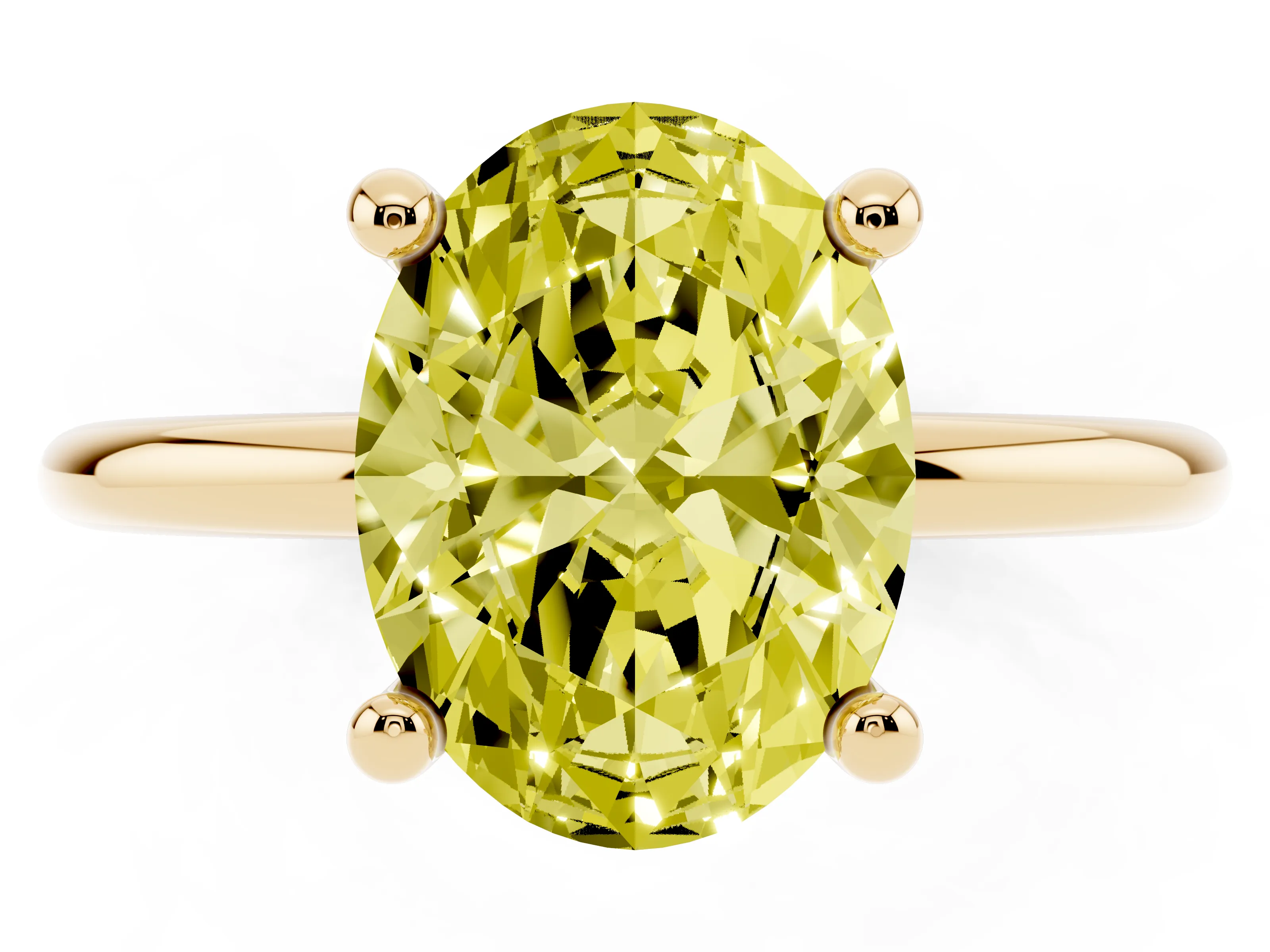 Fancy Yellow Oval Cut Diamond Solitaire Ring Set in Yellow gold with Secure Prong Setting on a Classic Band