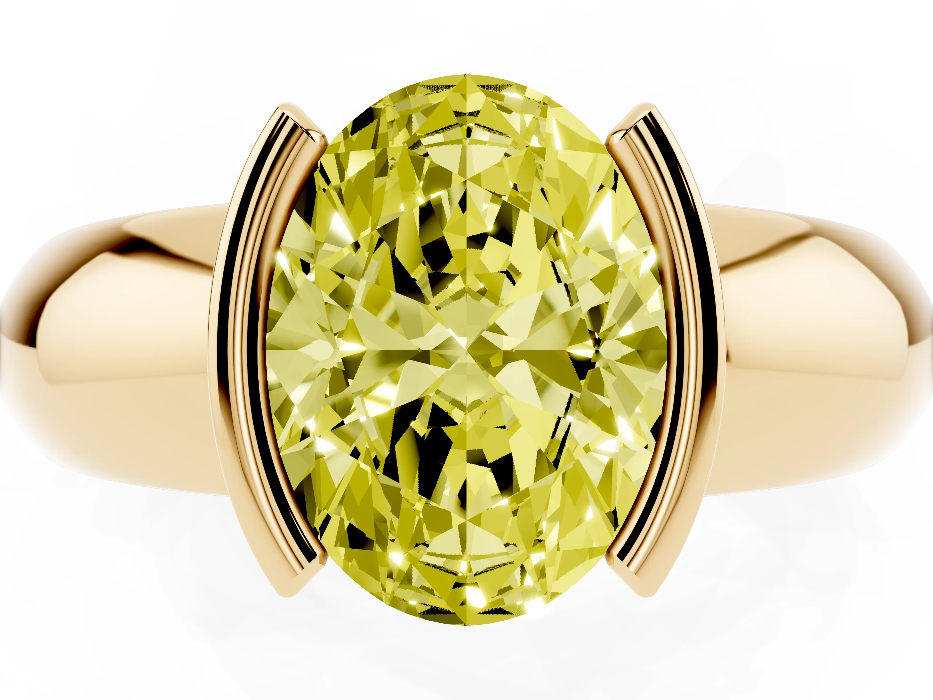 Fancy Yellow Oval Cut Diamond Solitaire Tension Set Ring Set in Yellow gold with Wide Band