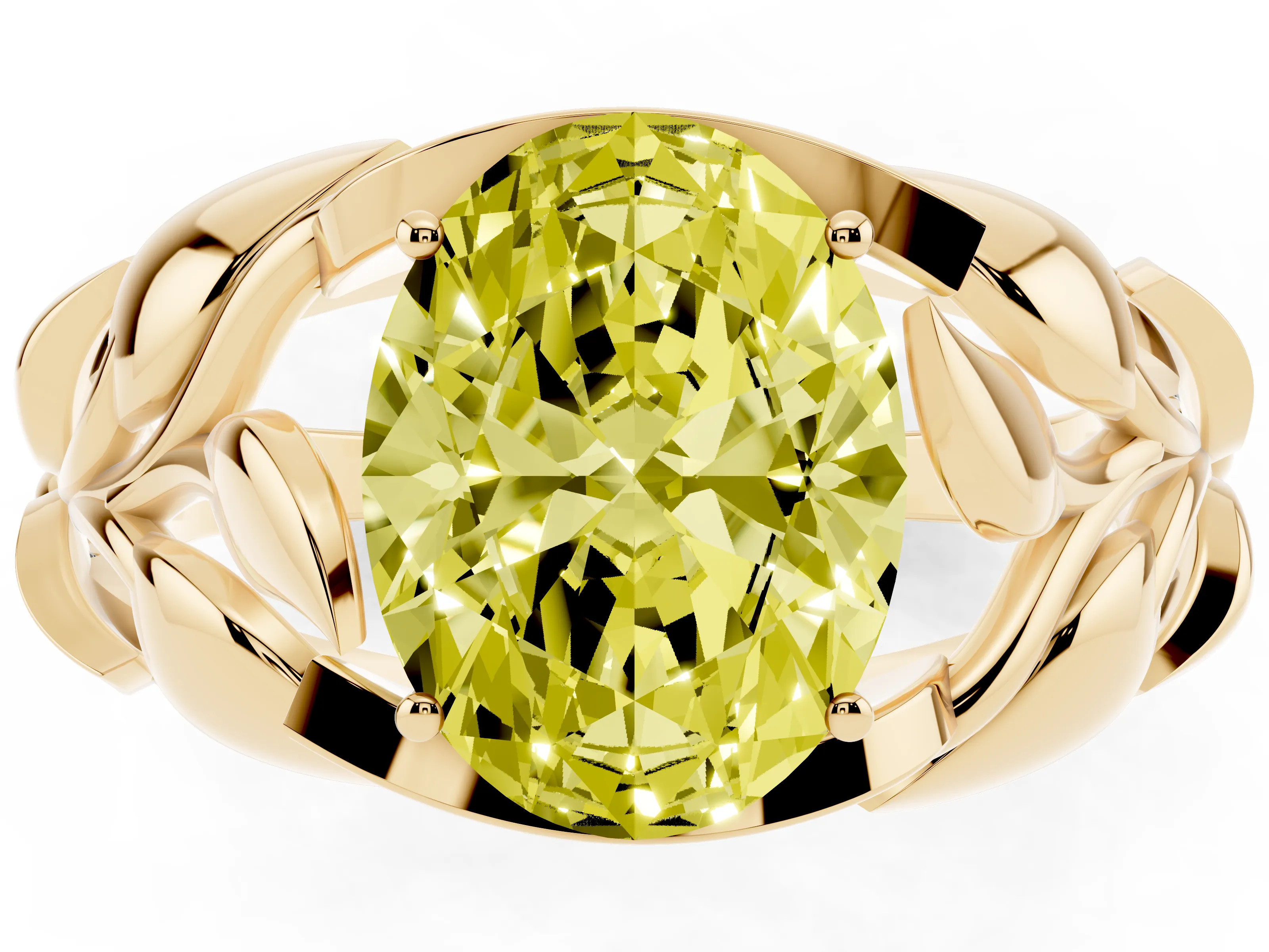 Fancy Yellow Oval Cut Diamond Leaf-Inspired Engagement Ring Set in Yellow gold with Round Accents