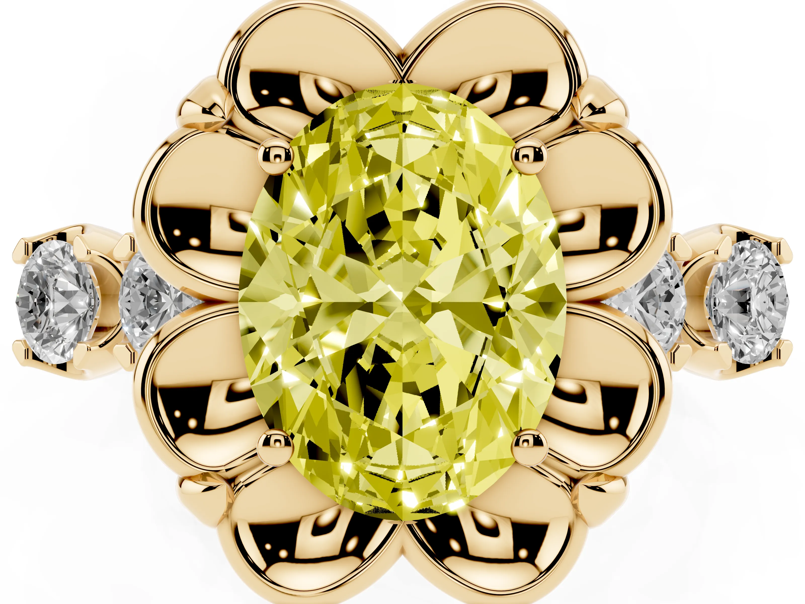 Fancy Yellow Oval Cut Diamond Floral Halo Ring Set in Yellow gold with Shared Prong Band