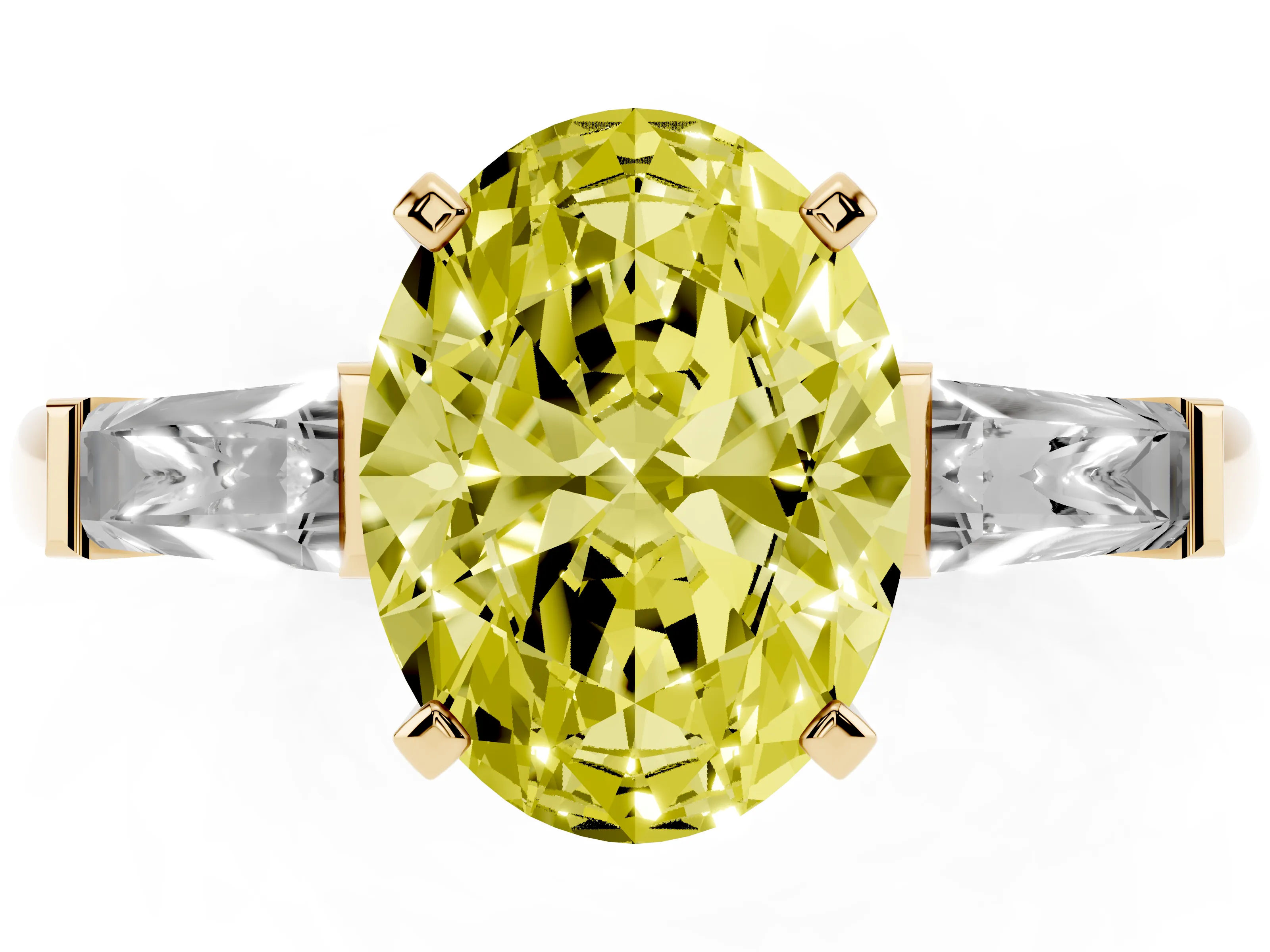 Fancy Yellow Oval Cut Diamond Solitaire Ring Set in Yellow gold with Tapered Baguette Side Stones and Prong Setting