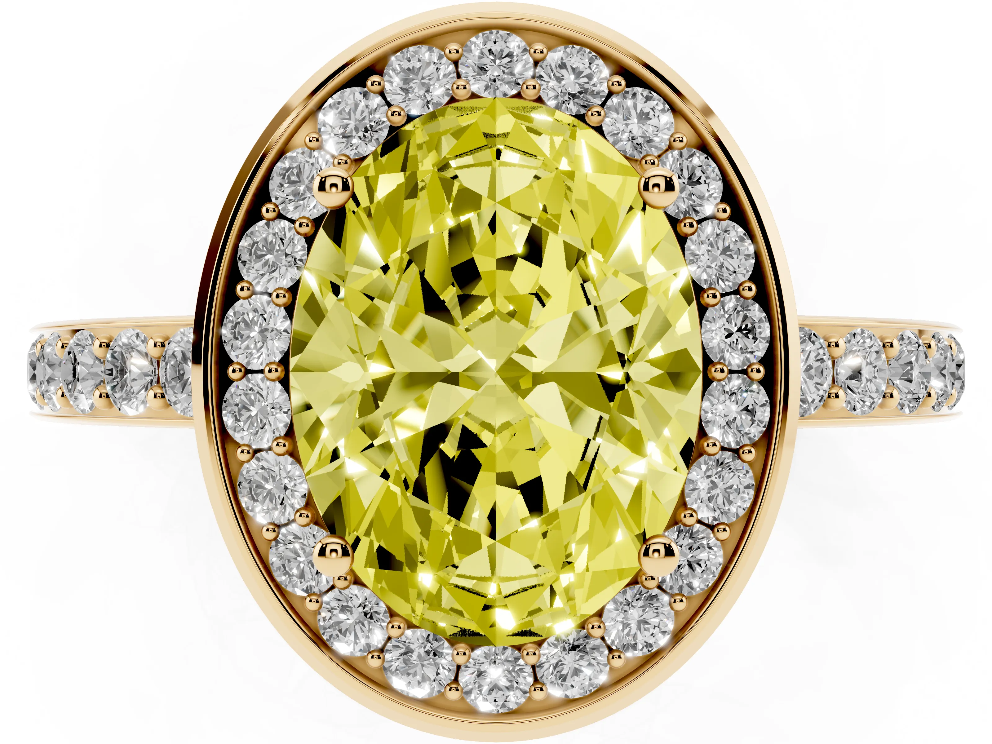 Fancy Yellow Oval Cut Diamond Halo Ring Set in Yellow gold with Bezel Frame and Pavé Band