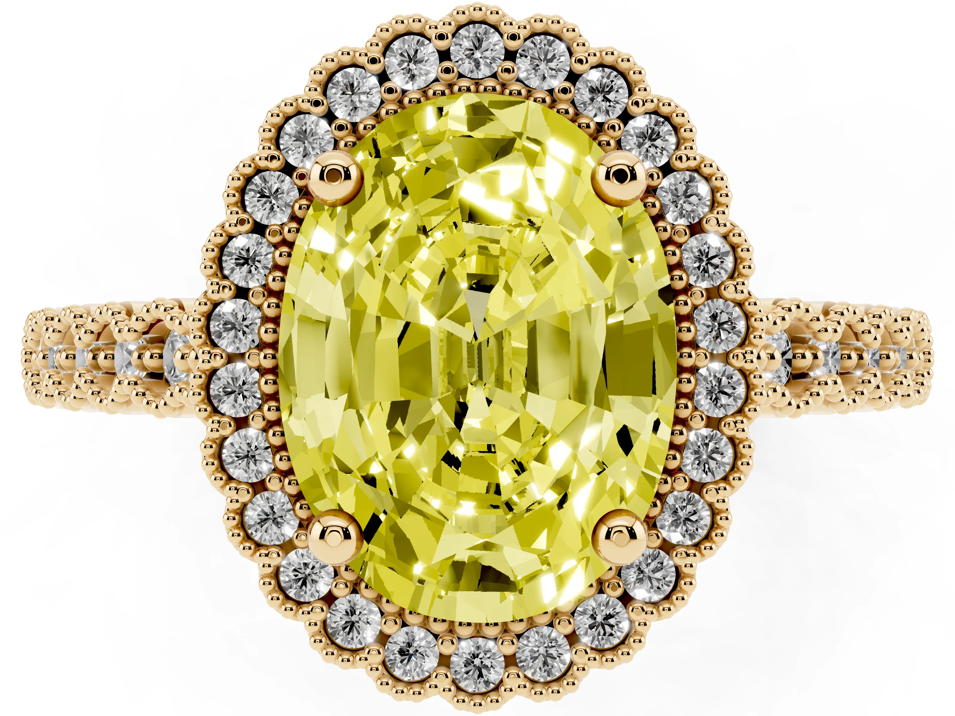 Fancy Yellow Oval Cut Diamond Halo Ring Set in Yellow gold with Pavé Milgrain Band