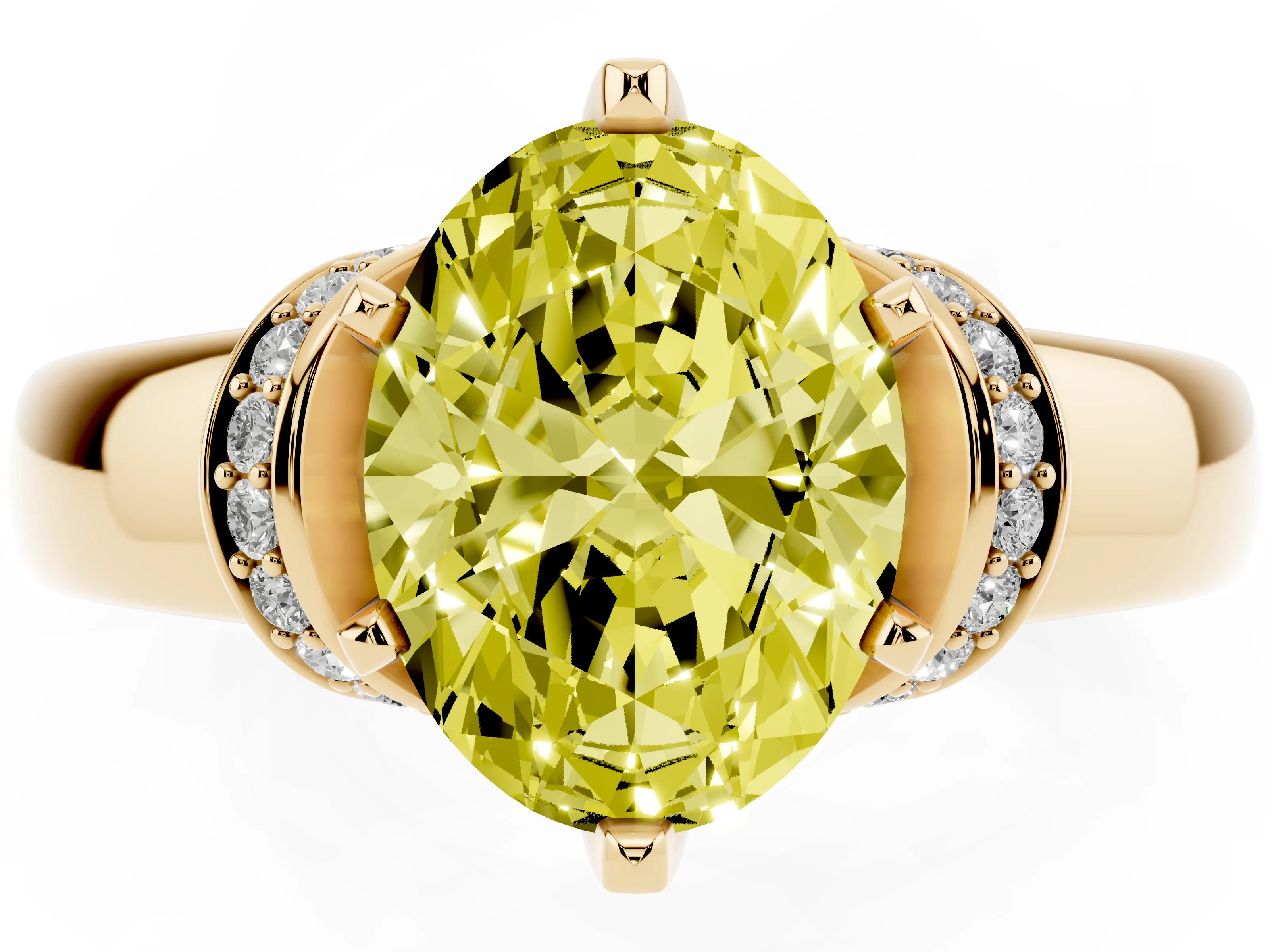 Fancy Yellow Oval Cut Diamond Pavé Band Solitaire Ring Set in Yellow gold with Prong Setting