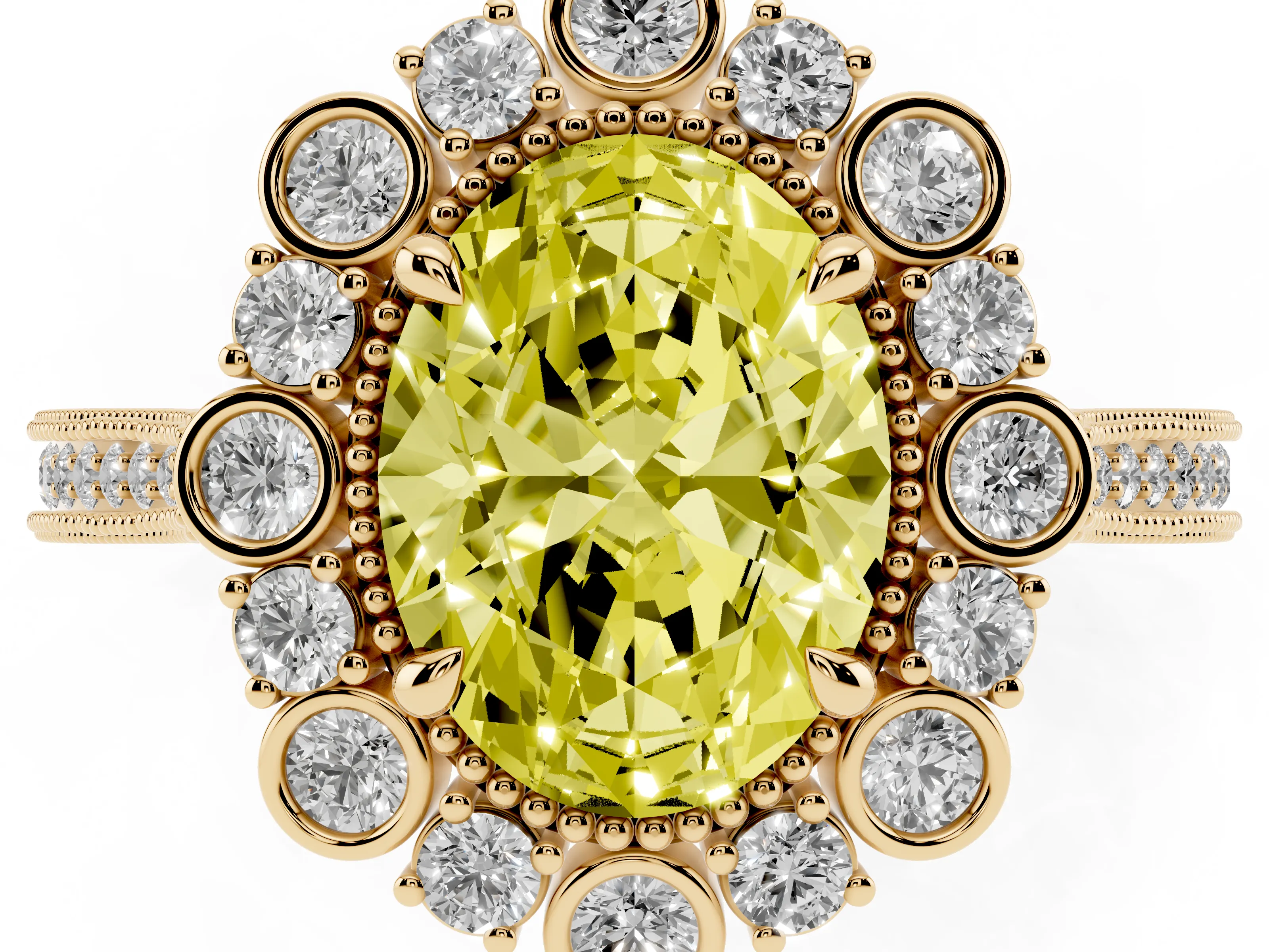 Fancy Yellow Oval Cut Diamond Halo Milgrain Pavé Ring Set in Yellow gold with Prong Setting