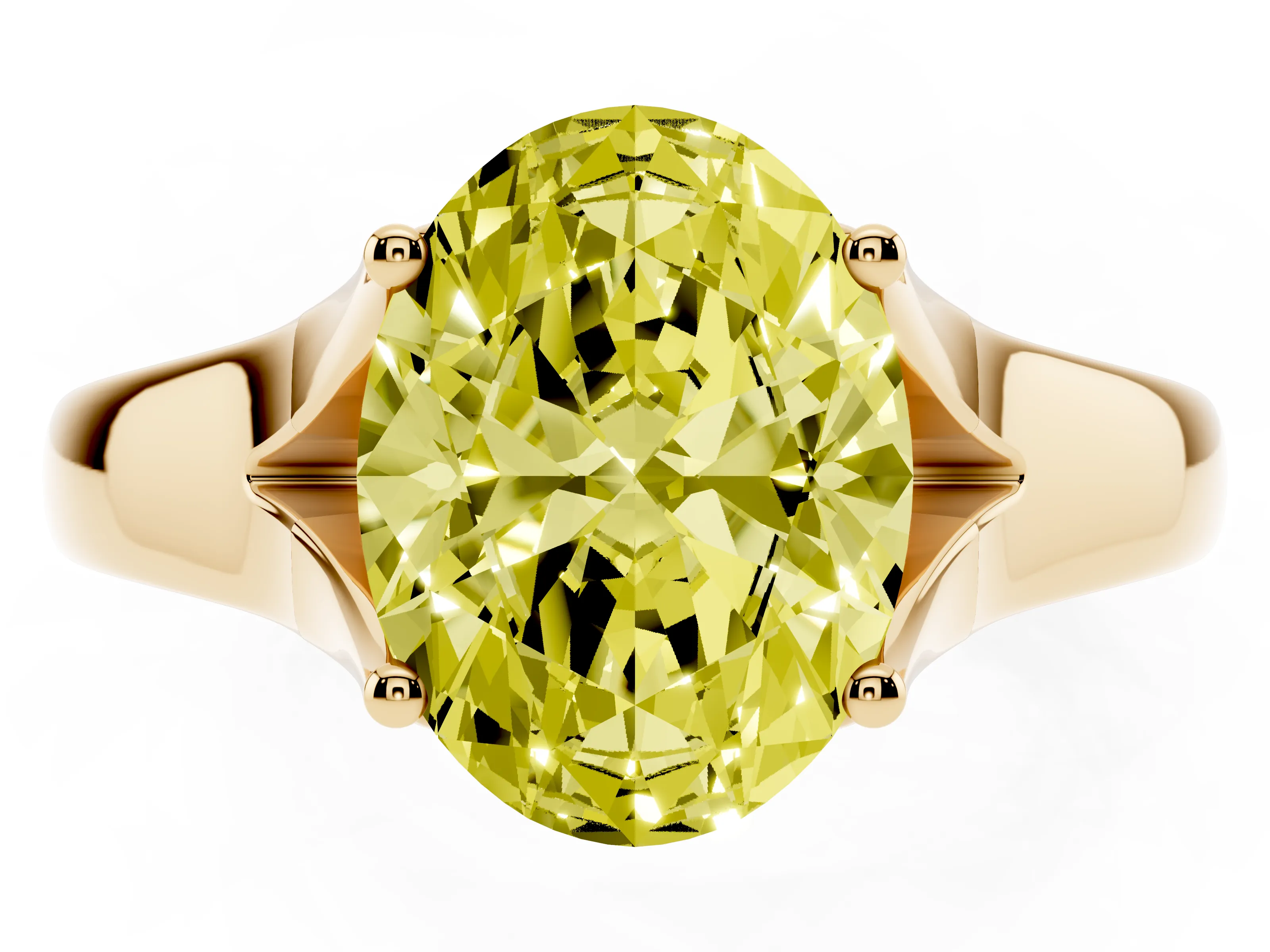 Fancy Yellow Oval Cut Diamond Solitaire Ring Set in Yellow gold with Arched Cathedral Band and Prong Setting