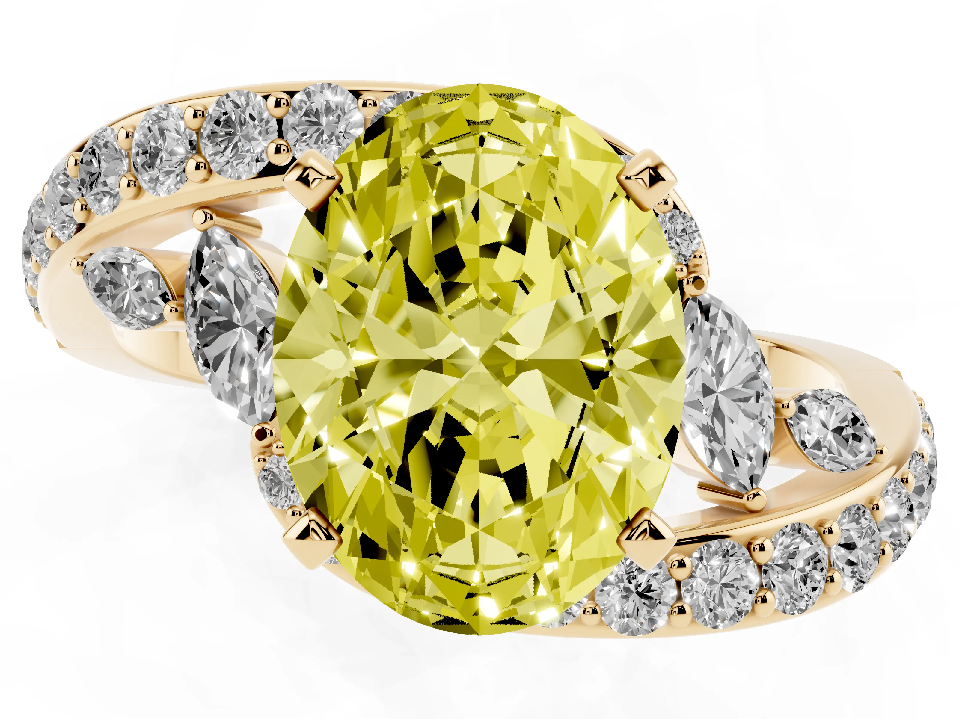 Fancy Yellow Oval Cut Diamond Solitaire Ring Set in Yellow gold with Pavé Twist Band and Secure Prong Setting