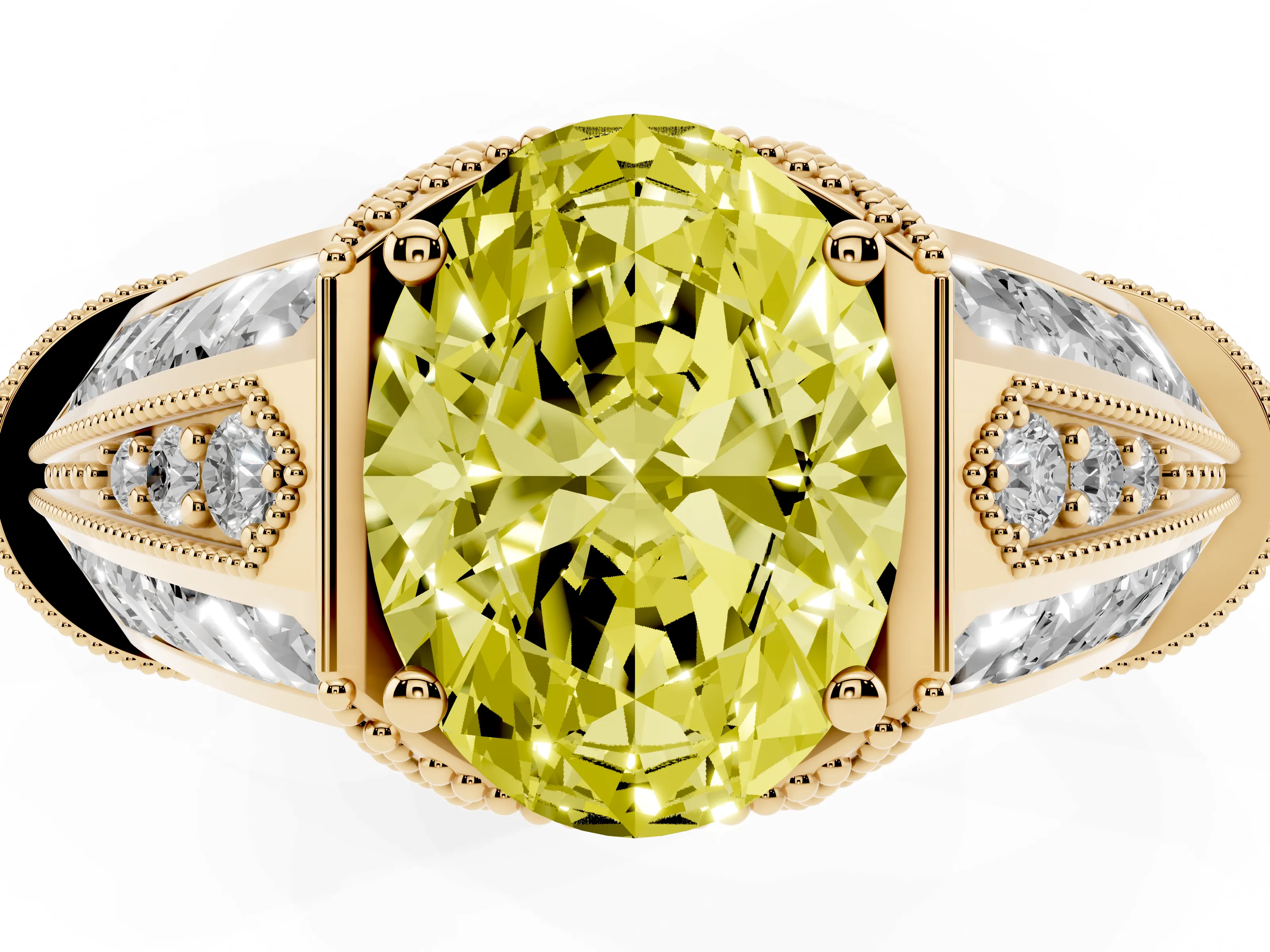 Fancy Yellow Oval Cut Diamond Vintage-Inspired Milgrain Ring Set in Yellow gold with Accent Split Shank