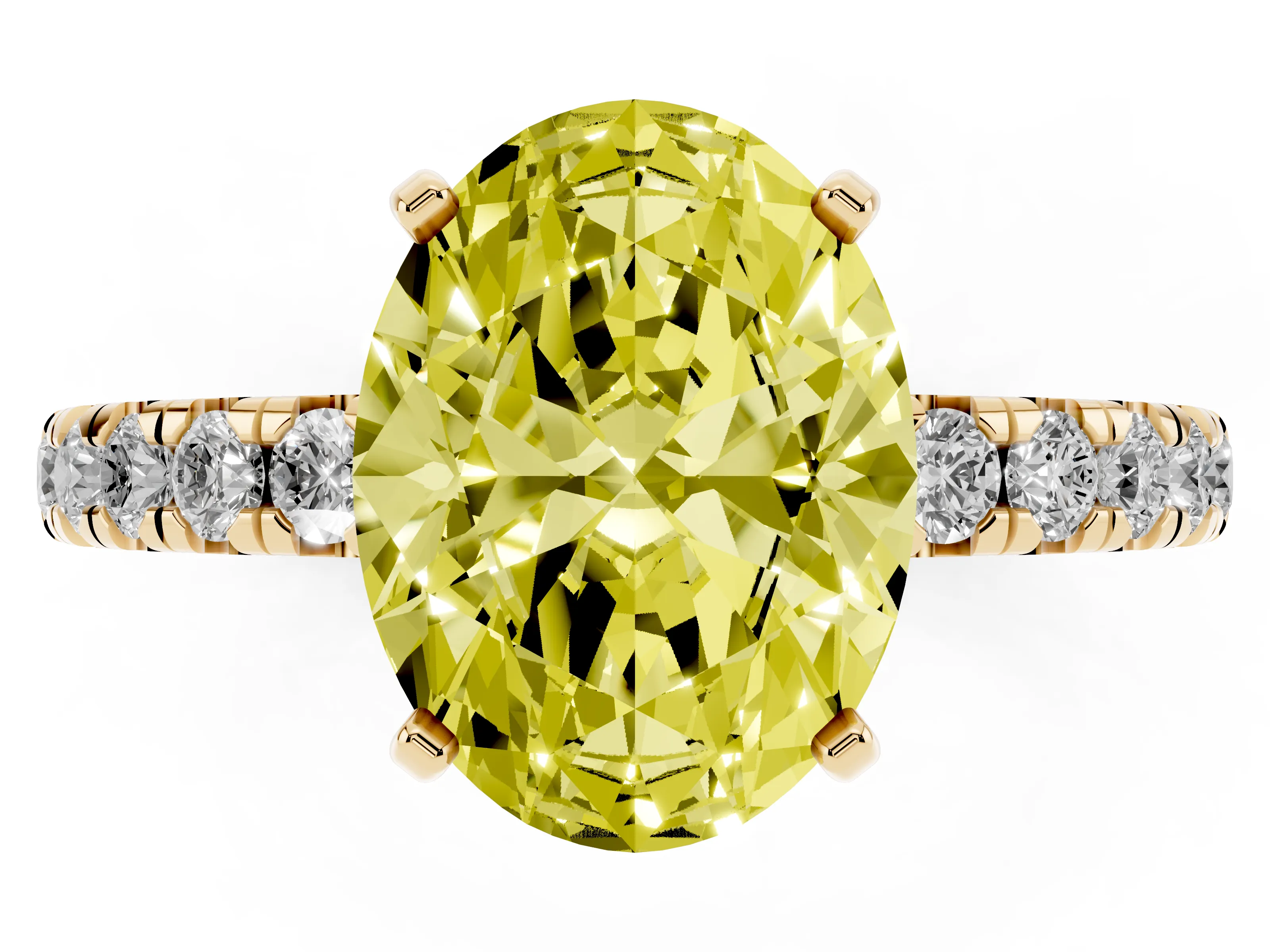 Fancy Yellow Oval Cut Diamond Pavé Solitaire Ring Set in Yellow gold with Round Band and Prong Setting