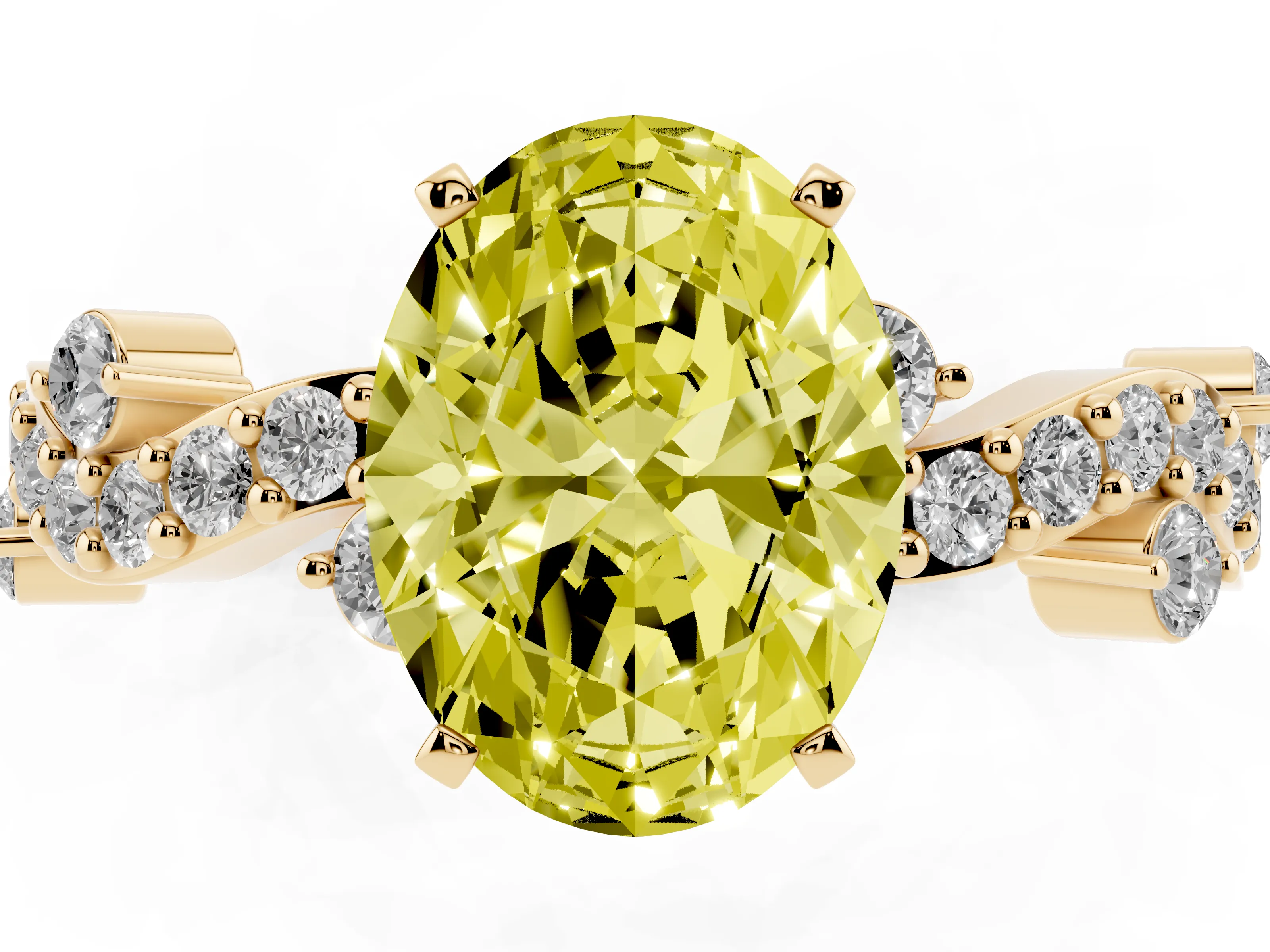 Fancy Yellow Oval Cut Diamond Solitaire Twisted Band Set in Yellow gold with Pavé Setting