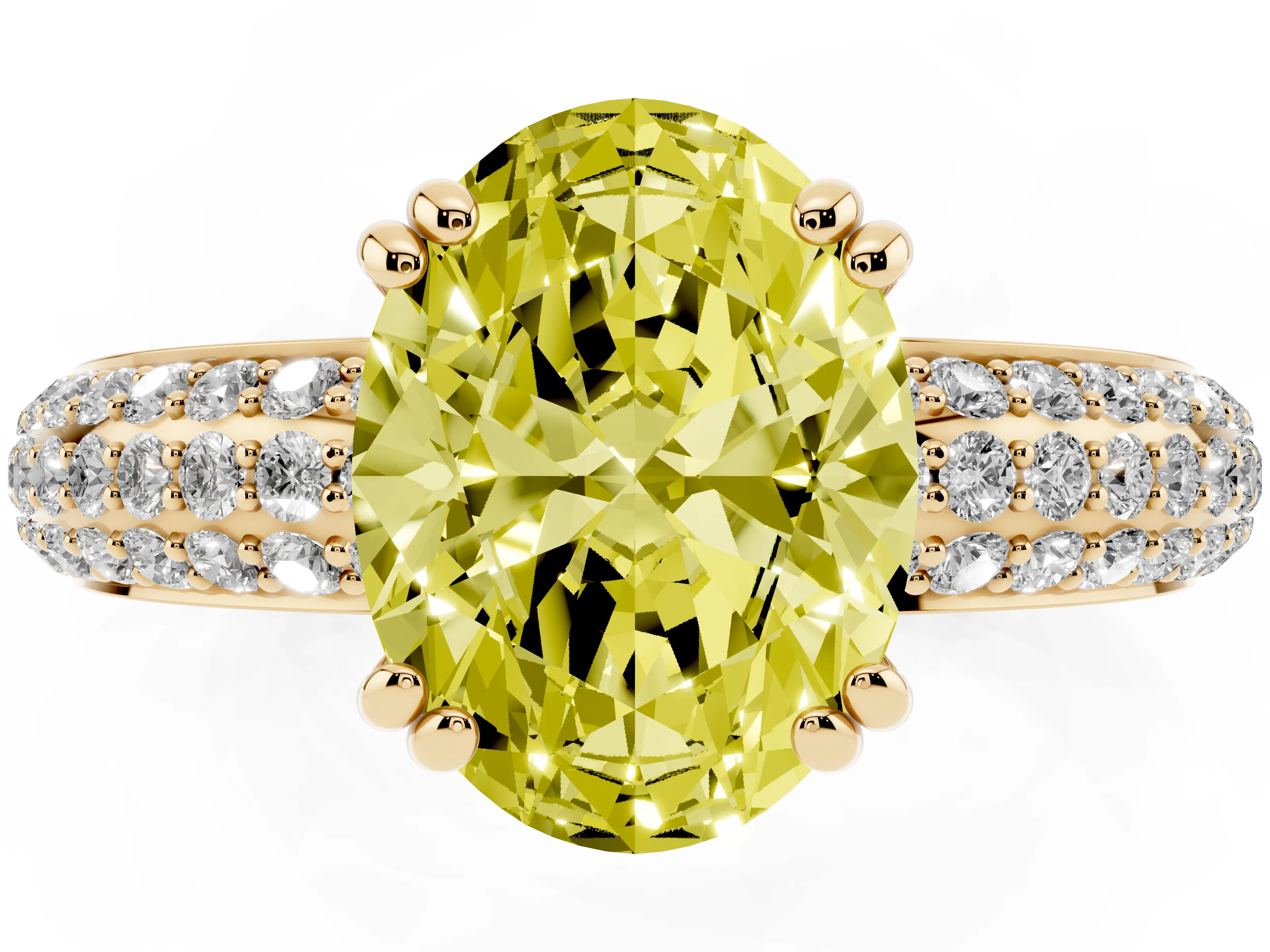Fancy Yellow Oval Cut Diamond Solitaire Ring Set in Yellow gold with Multi-Row Round Pavé Band and Prong Setting