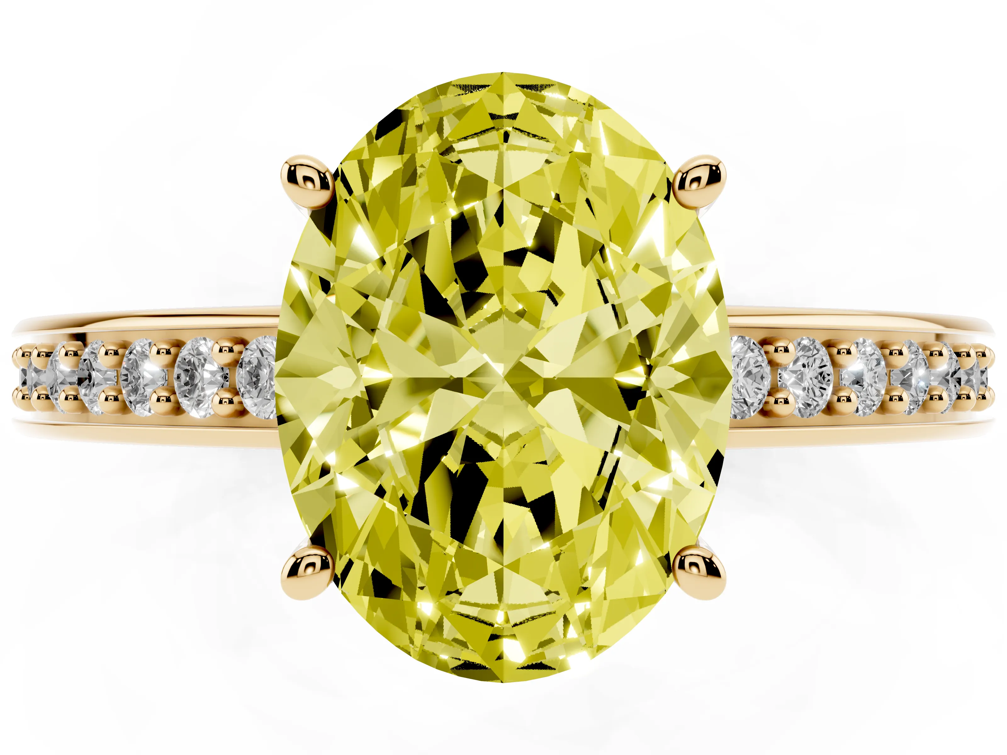 Fancy Yellow Oval Cut Diamond Pavé Band Prong Set Solitaire Ring Set in Yellow gold