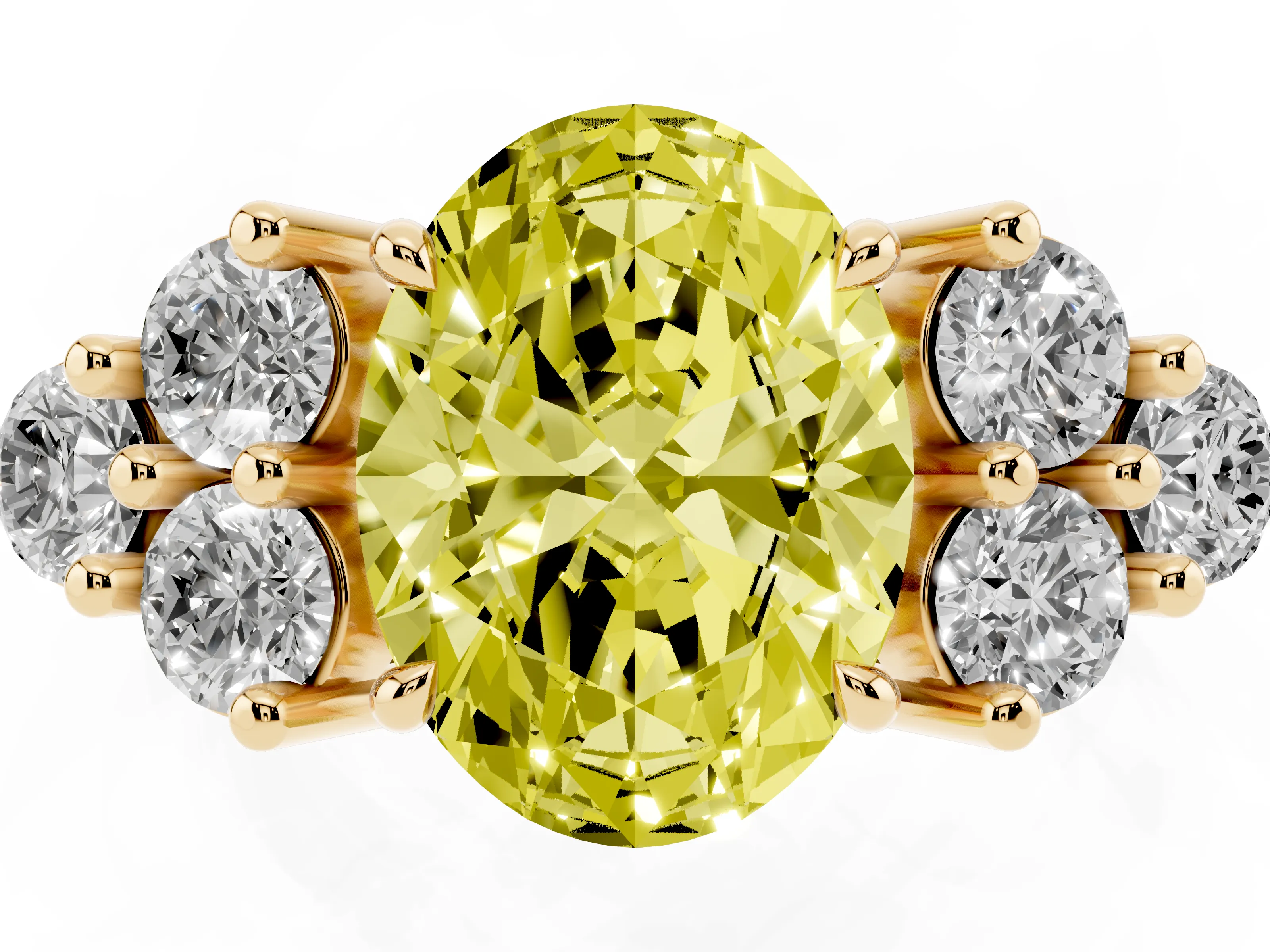 Fancy Yellow Oval Cut Diamond Solitaire Ring Set in Yellow gold with Cluster Accents on Each Side