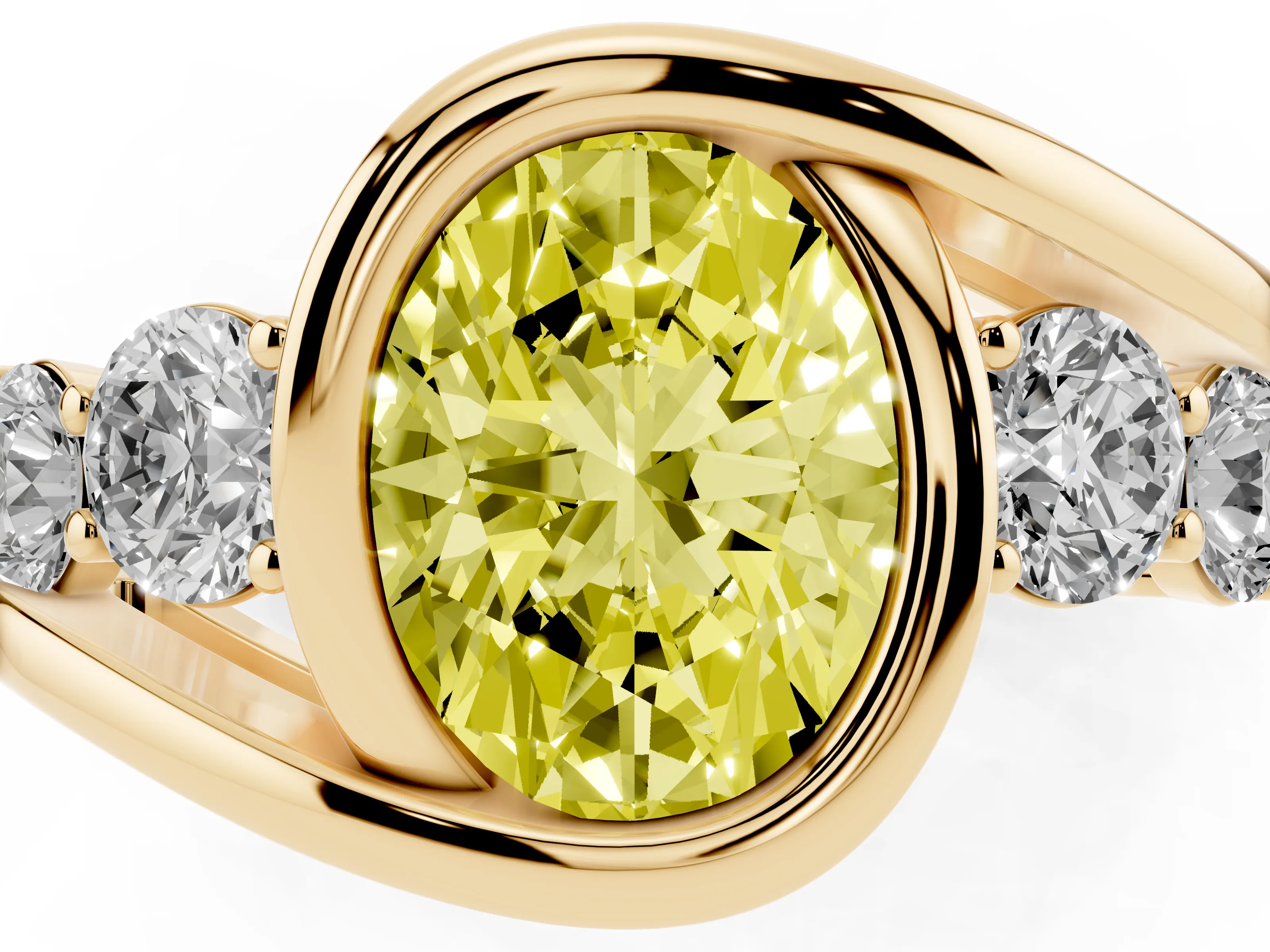 Fancy Yellow Oval Cut Diamond Bezel Bypass Ring Set in Yellow gold with Round Accents