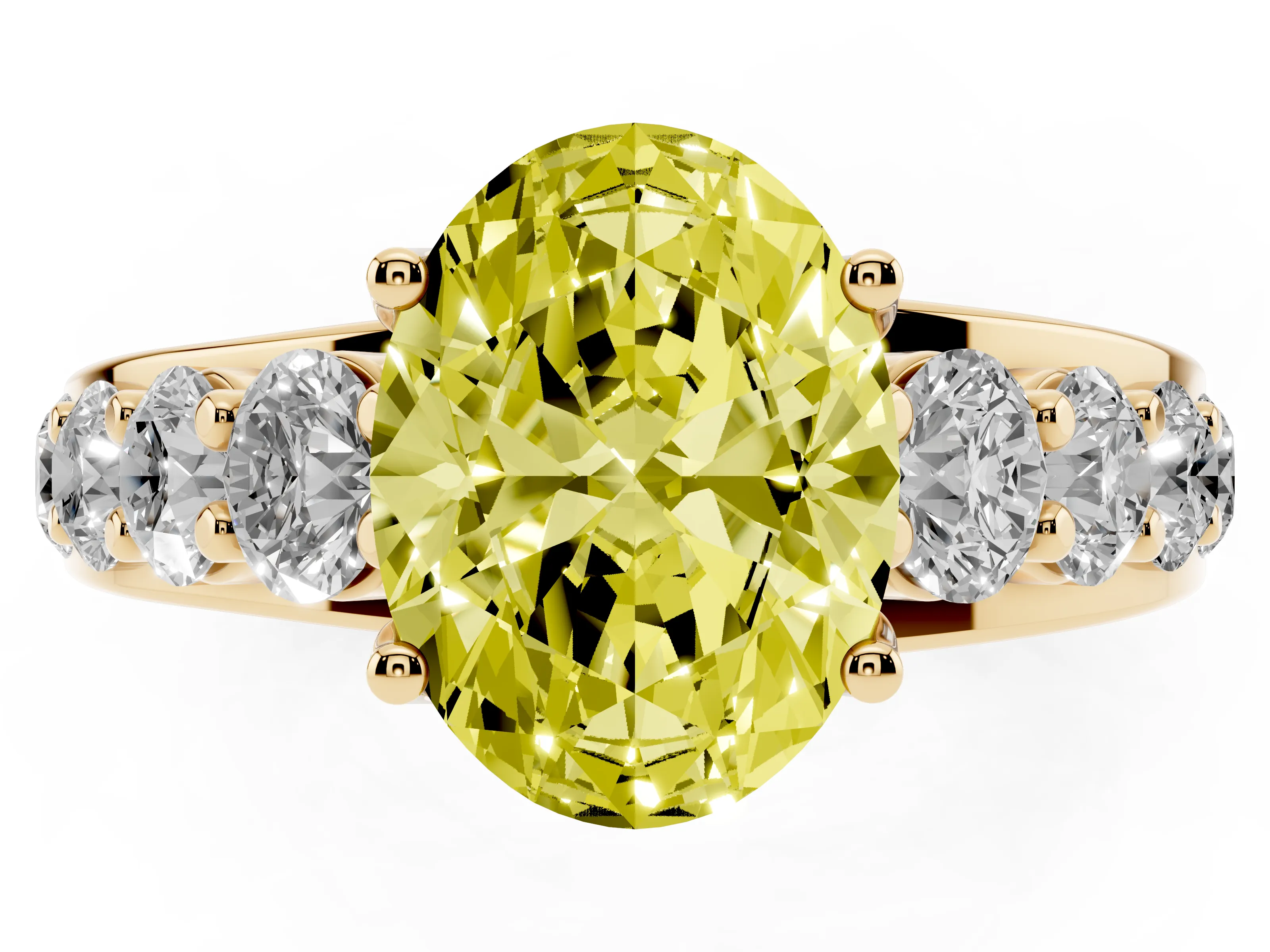 Fancy Yellow Oval Cut Diamond Pavé Engagement Ring Set in Yellow gold with Prong Setting