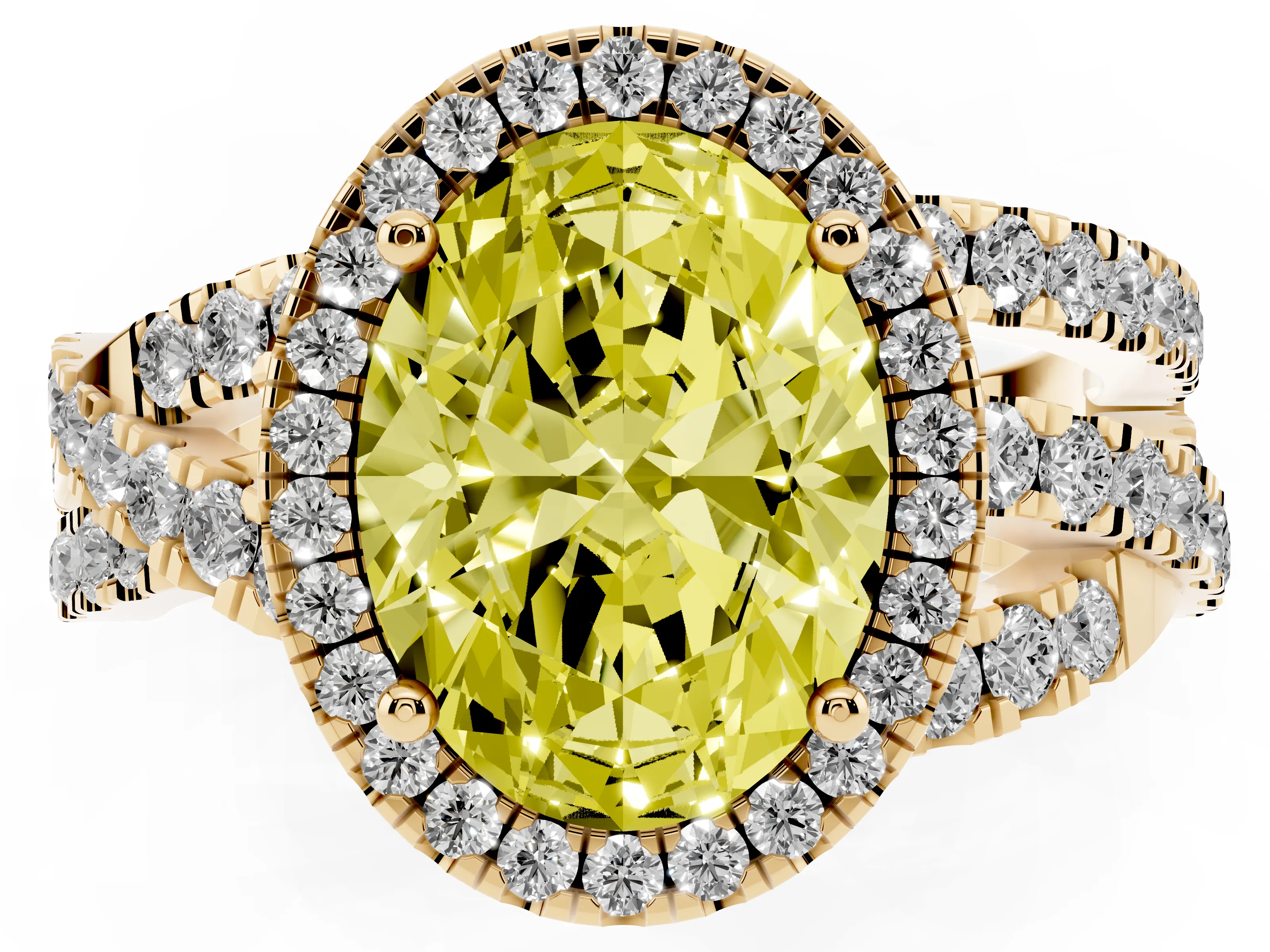 Fancy Yellow Oval Cut Diamond Halo Ring Set in Yellow gold with Round Crossover Split Shank and Prong Setting