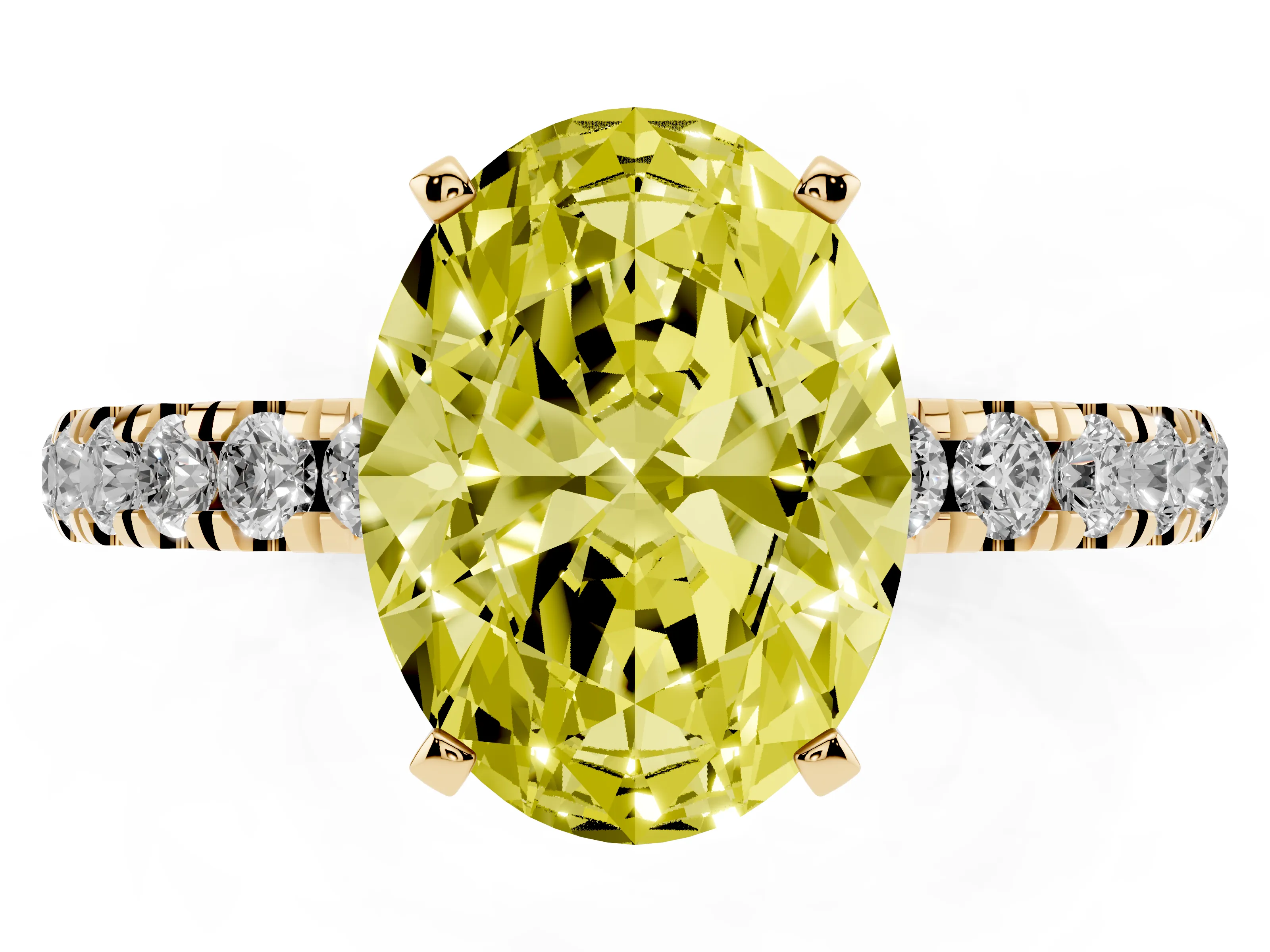 Fancy Yellow Oval Cut Diamond Solitaire Ring Set in Yellow gold with Pavé Accents and Prong Setting
