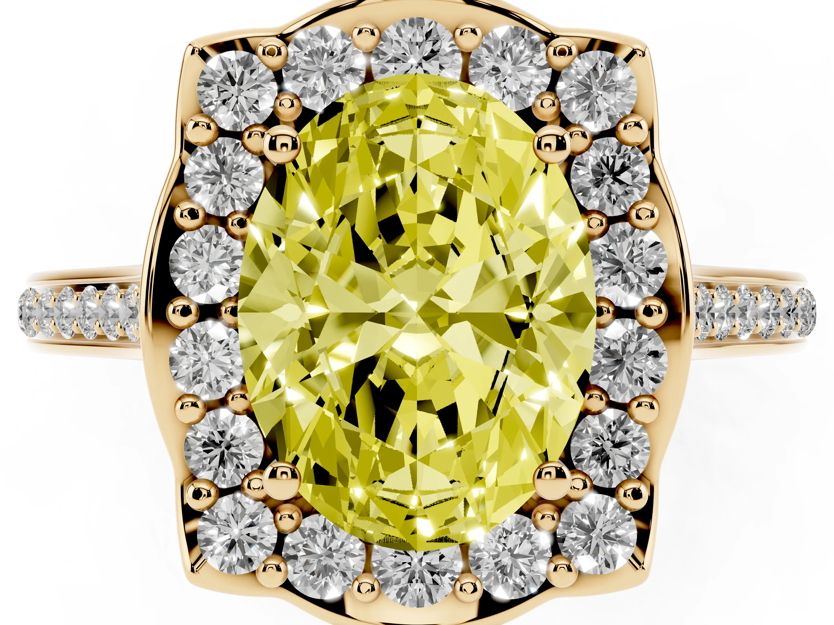 Fancy Yellow Oval Cut Diamond Halo Ring Set in Yellow gold with Pavé-Lined Shoulders and Prong Setting
