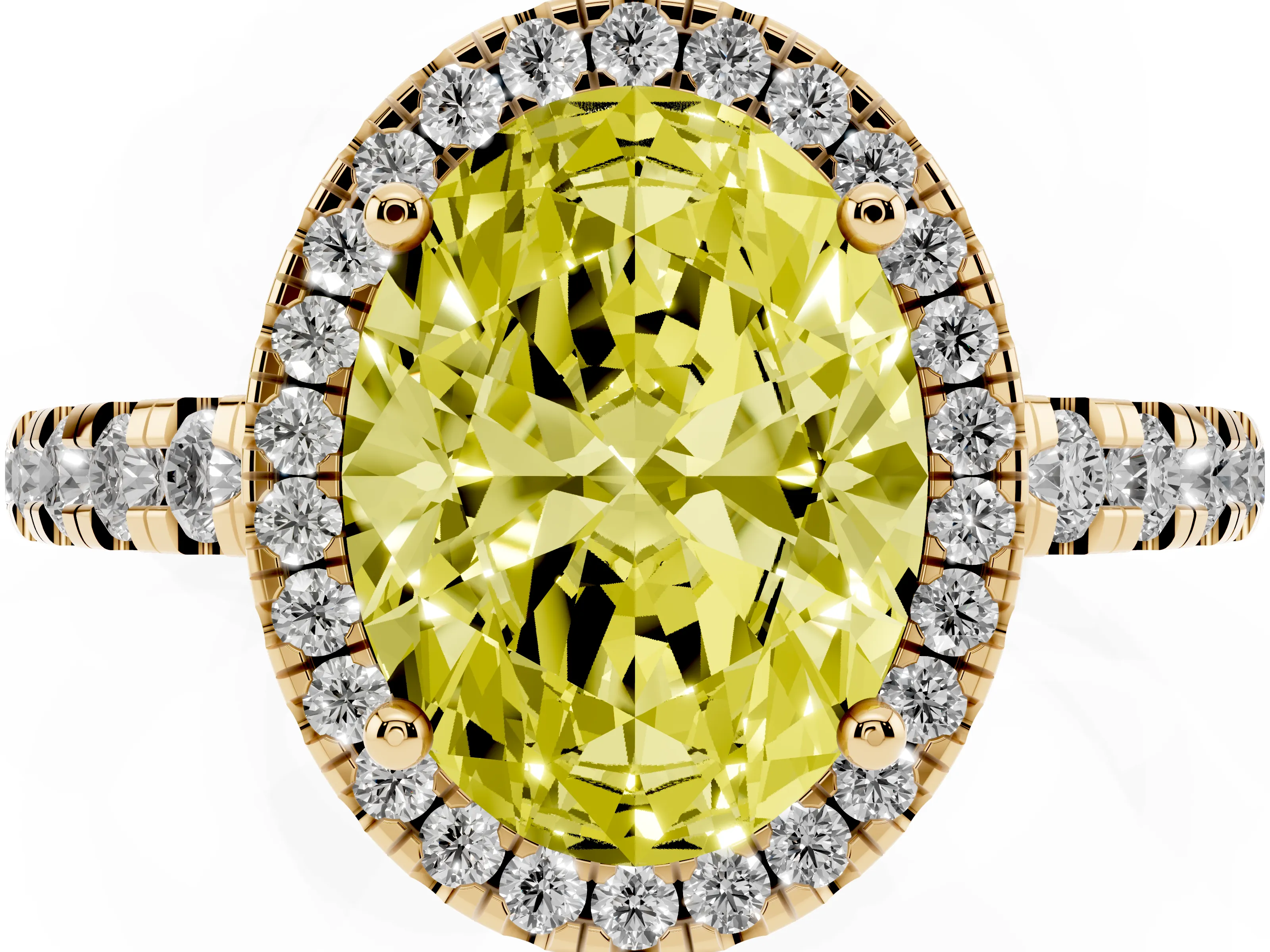 Fancy Yellow Oval Cut Diamond Halo Ring Set in Yellow gold with Delicate Pavé Band and Prong Setting