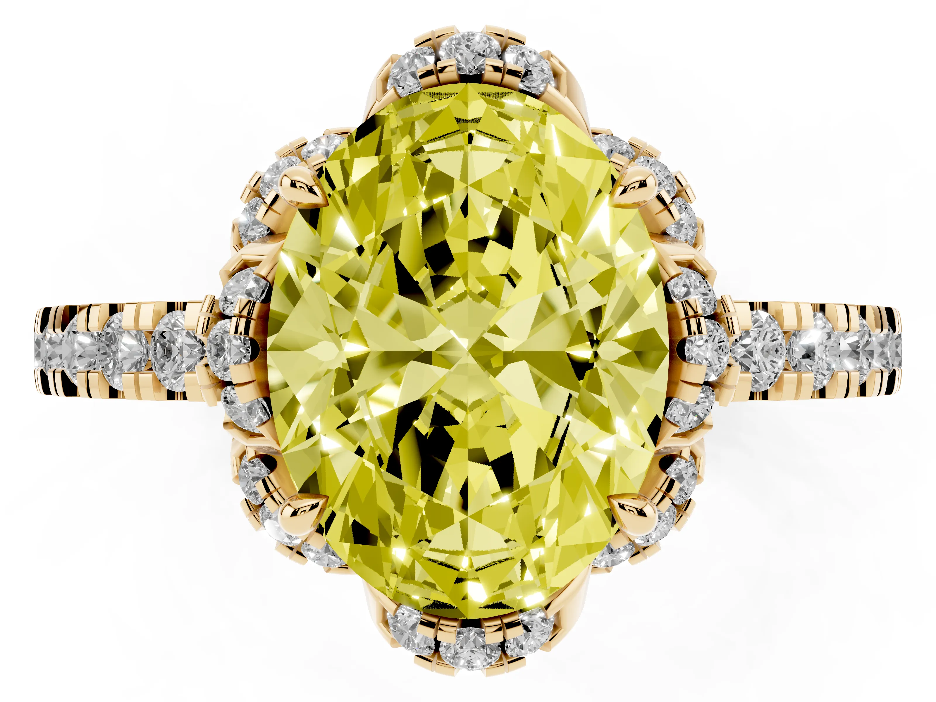 Fancy Yellow Oval Cut Diamond Halo Pavé Band Ring Set in Yellow gold with Prong-Held Center