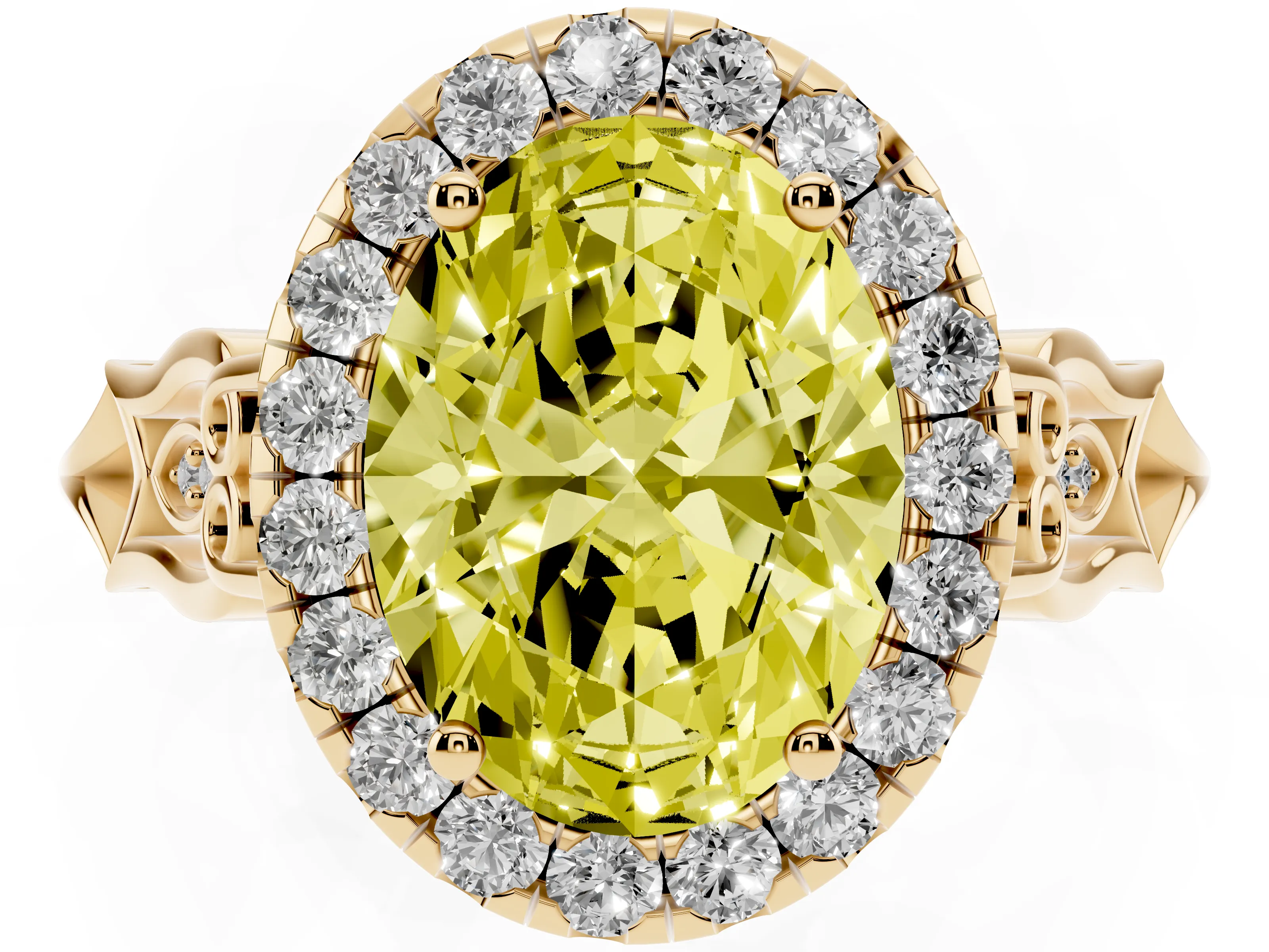 Fancy Yellow Oval Cut Diamond Halo Engagement Ring Set in Yellow gold with Filigree Band and Prong-Set Center