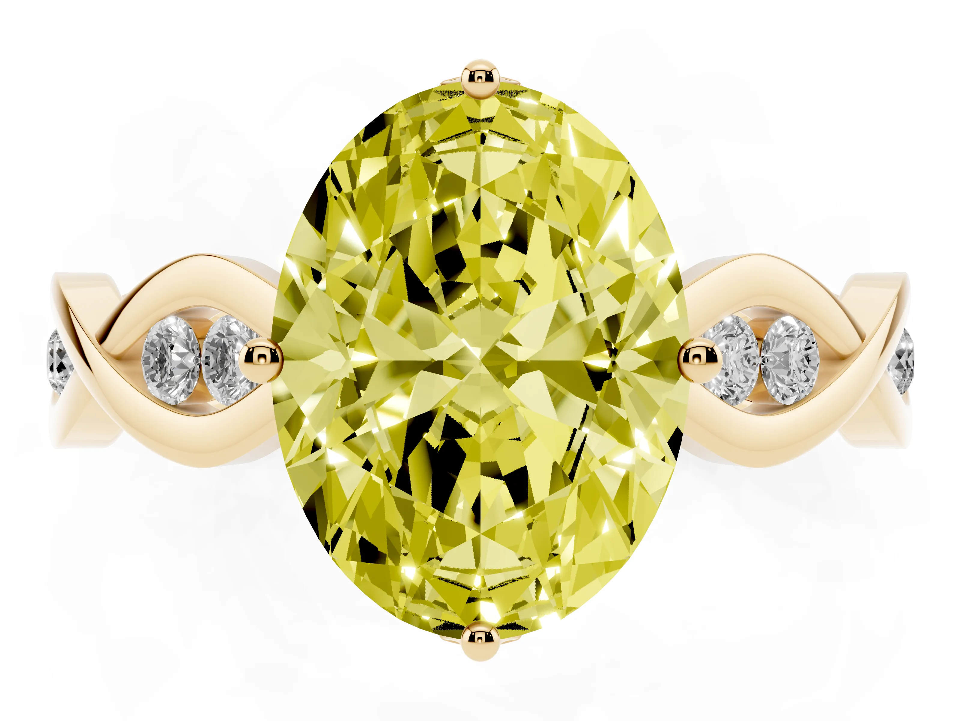 Fancy Yellow Oval Cut Diamond Twist Band Solitaire Ring Set in Yellow gold with Leaf Prong Setting and Accent Stones