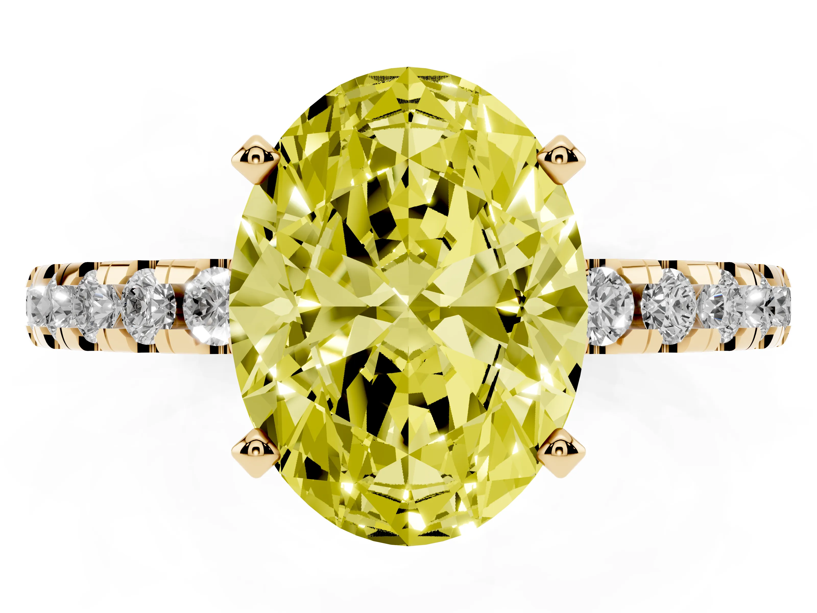 Fancy Yellow Oval Cut Diamond Pavé Solitaire Ring Set in Yellow gold with Round Band Accents and Prong Setting