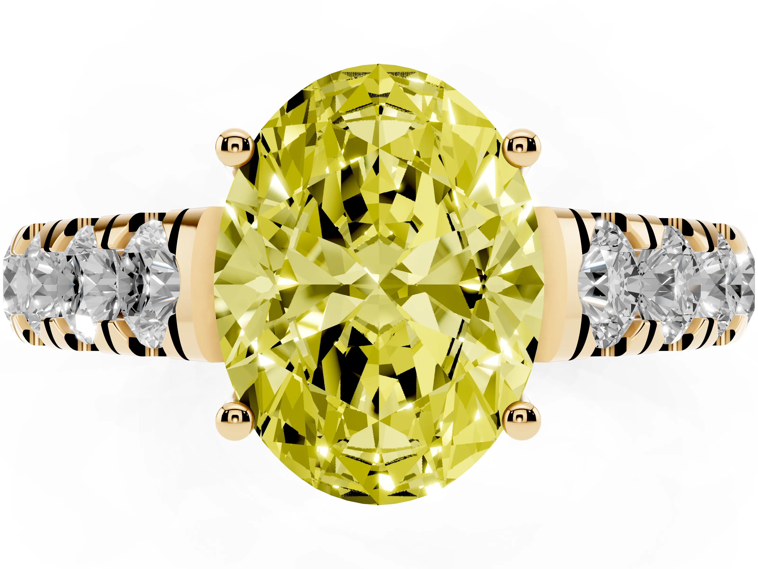 Fancy Yellow Oval Cut Diamond Solitaire Ring Set in Yellow gold with Cut-Down Micro Pavé Band and Prong Setting
