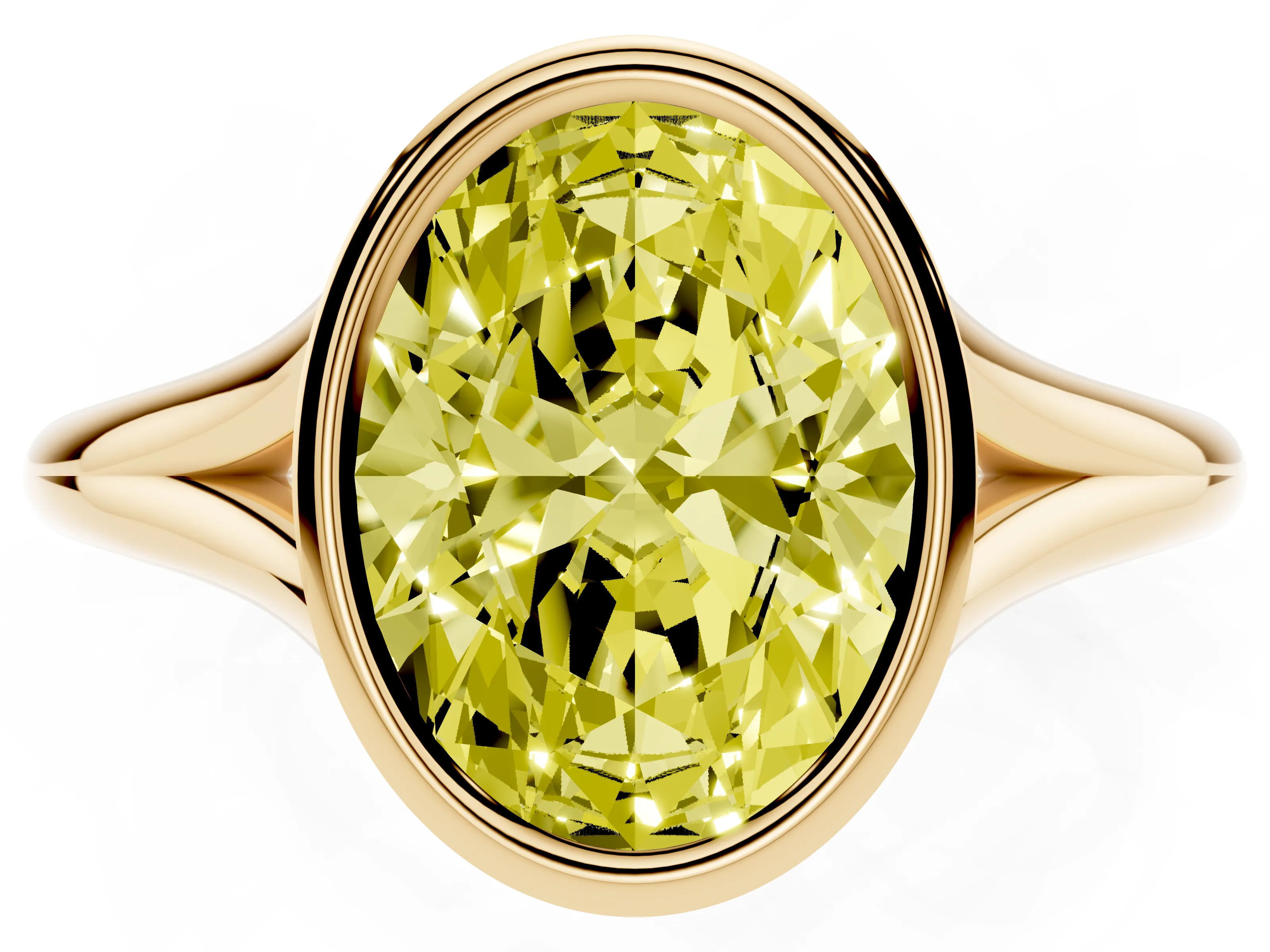 Fancy Yellow Bezel Set Oval Cut Diamond Solitaire Ring Set in Yellow gold with Tapered Band
