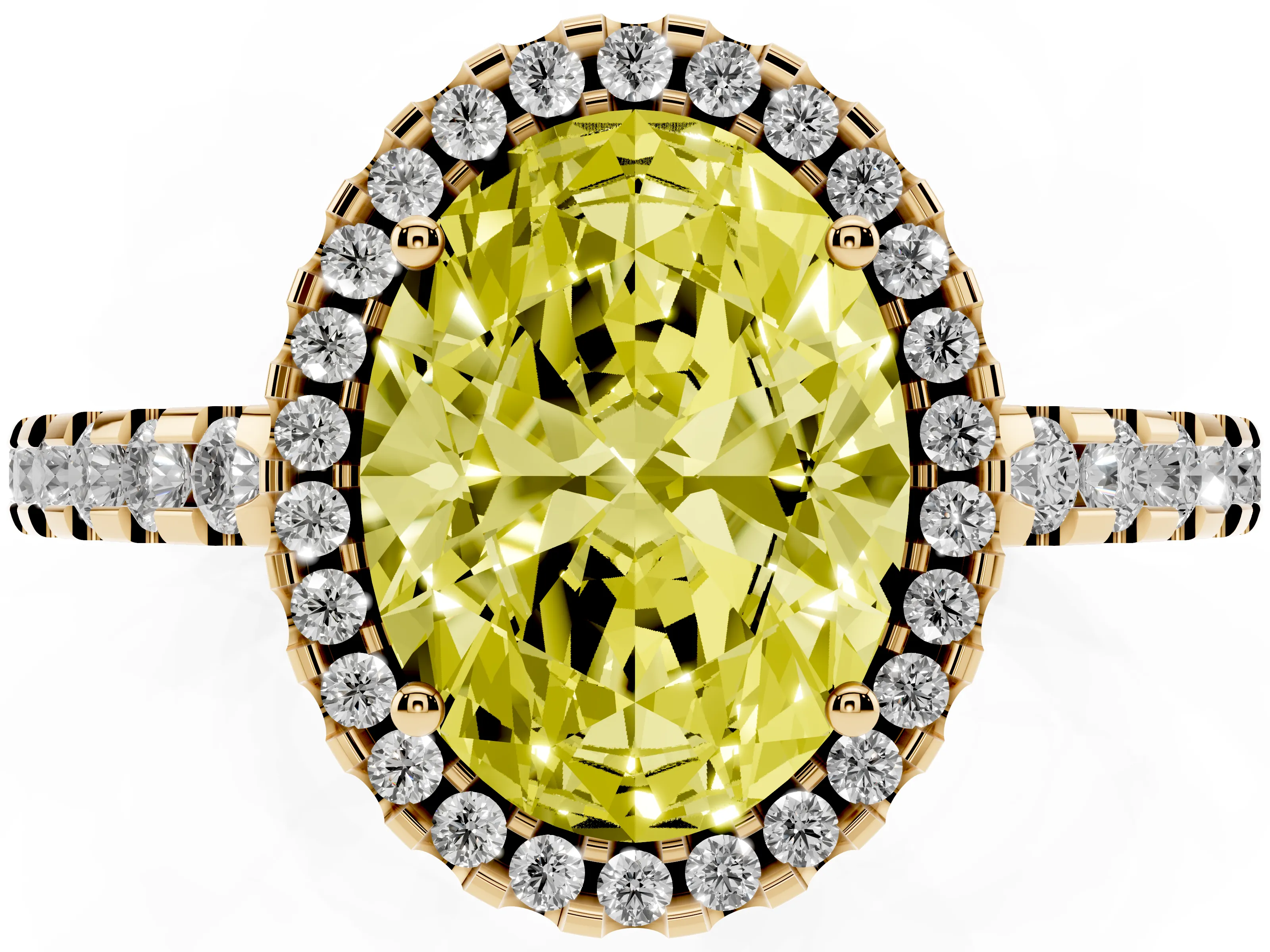 Fancy Yellow Oval Cut Diamond Halo Ring Set in Yellow gold with Pavé Shoulders and Halo-Framed Center