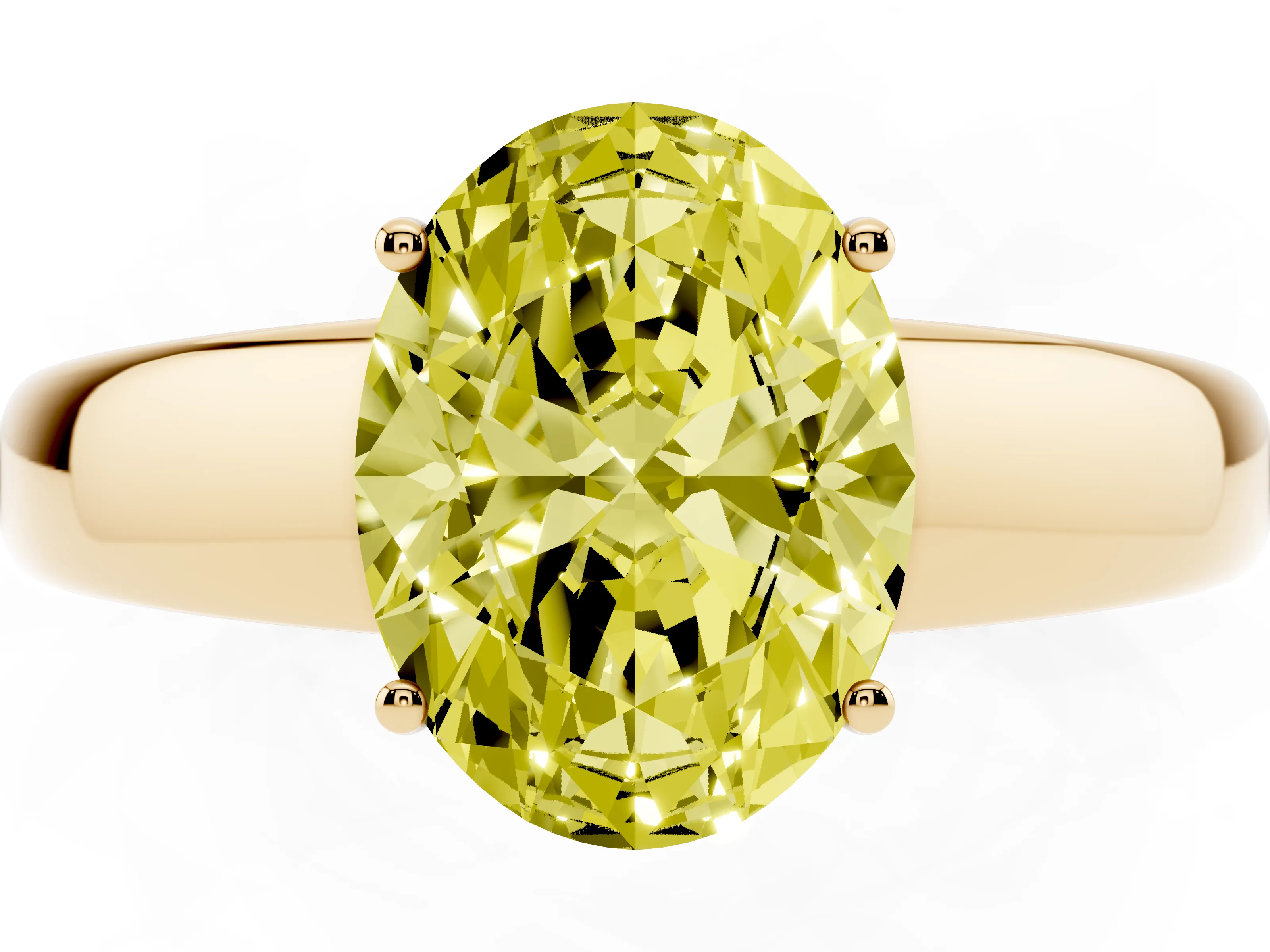 Fancy Yellow Oval Cut Diamond Solitaire Ring Set in Yellow gold with Tapered Band and Prong Setting