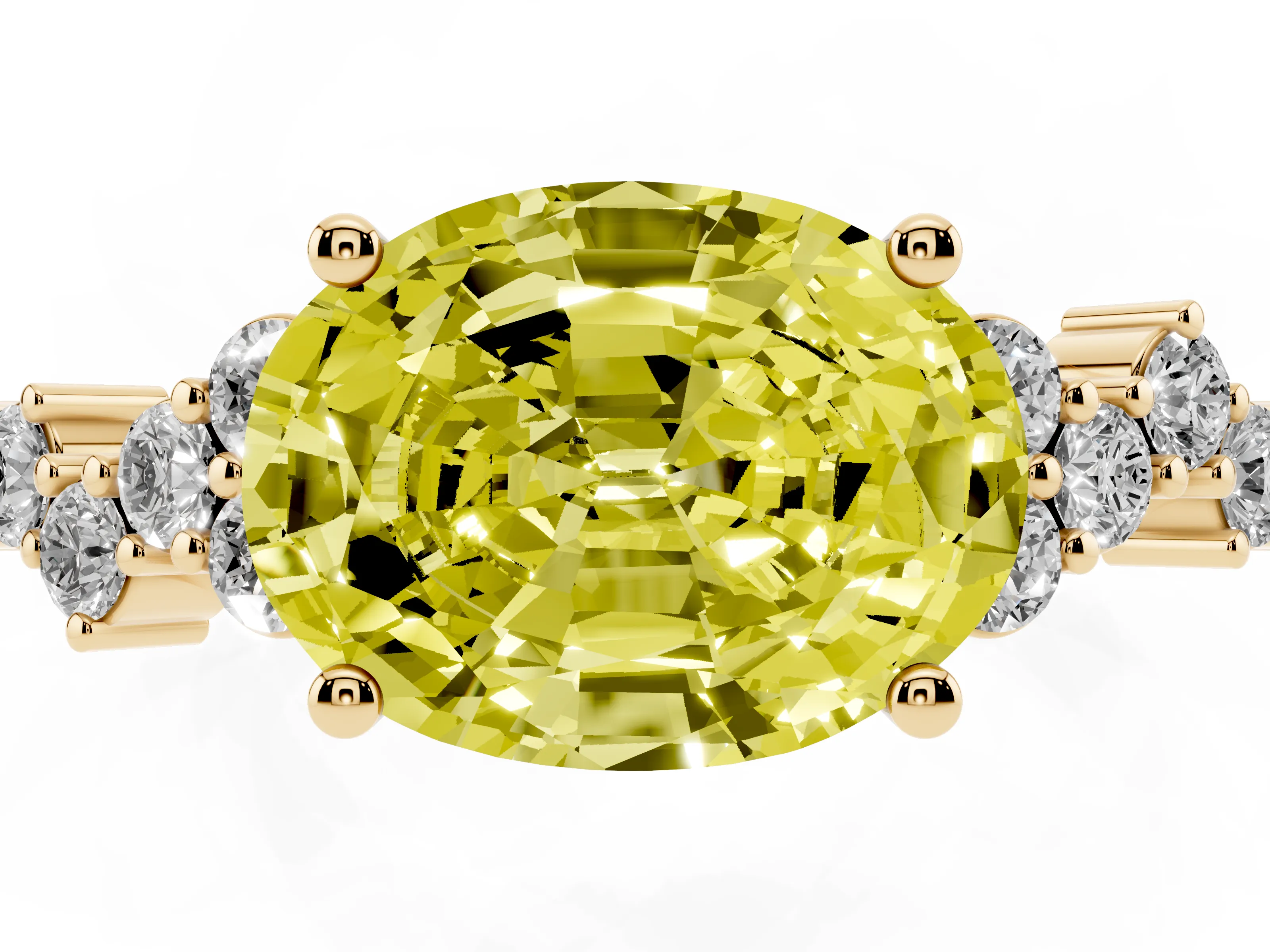 Fancy Yellow Oval Cut Diamond Ring Set in Yellow gold with Scattered Round Accents
