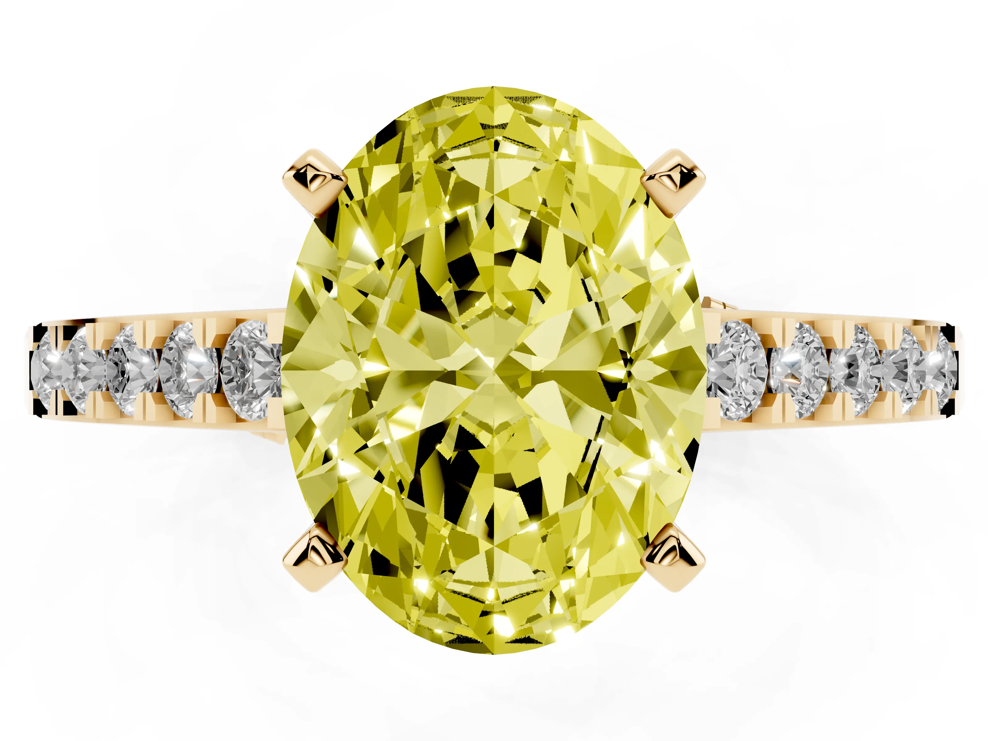 Fancy Yellow Oval Cut Diamond Solitaire Ring Set in Yellow gold with Crossover Gallery and Round Pavé Band